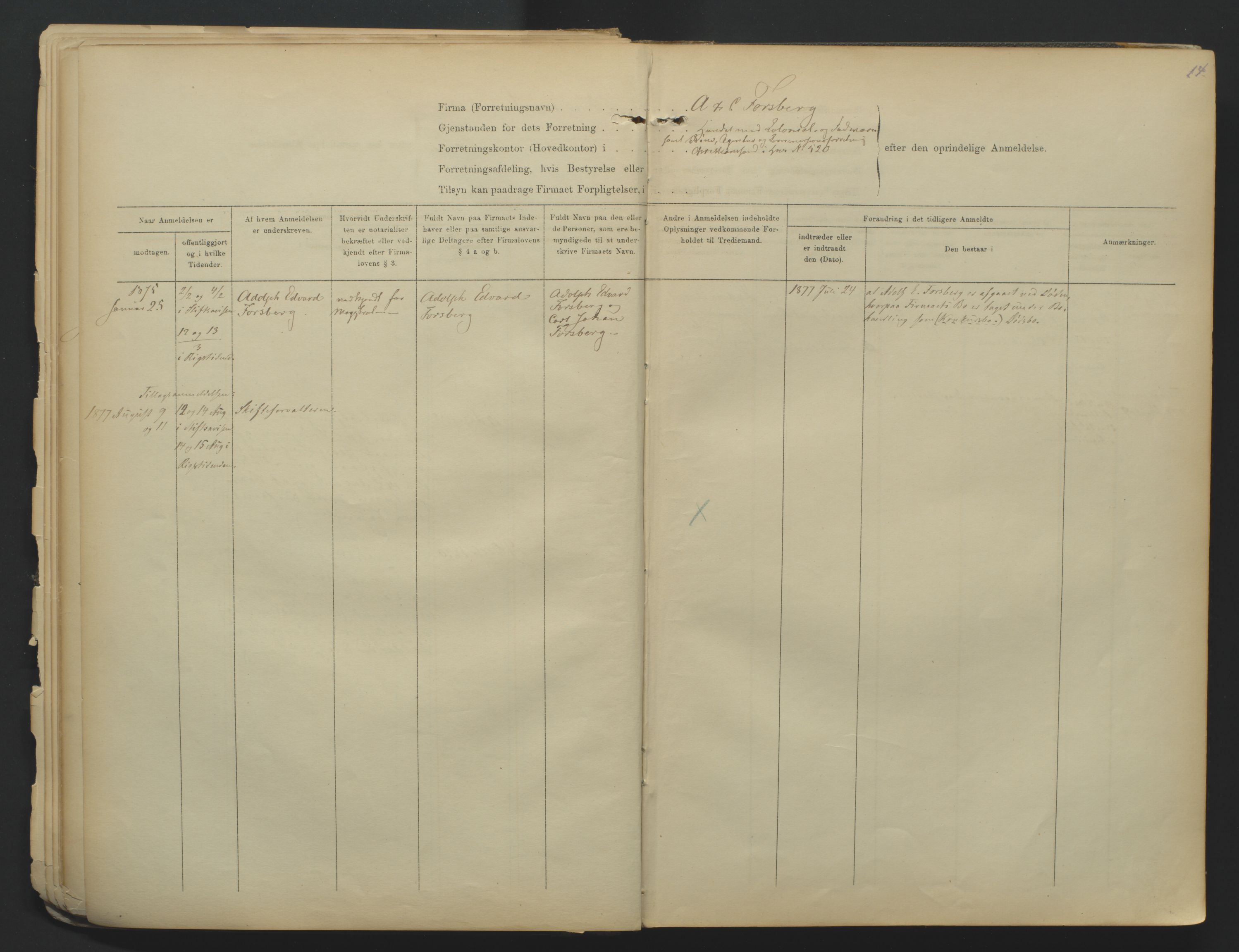 Kristiansand byrett, SAK/1223-0001/K/Kb/L0001: Firmaregister A, med register, 1874-1890, s. 14