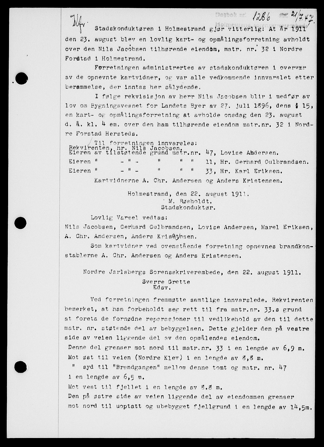 Holmestrand sorenskriveri, SAKO/A-67/G/Ga/Gaa/L0062: Pantebok nr. A-62, 1947-1947, Dagboknr: 1286/1947