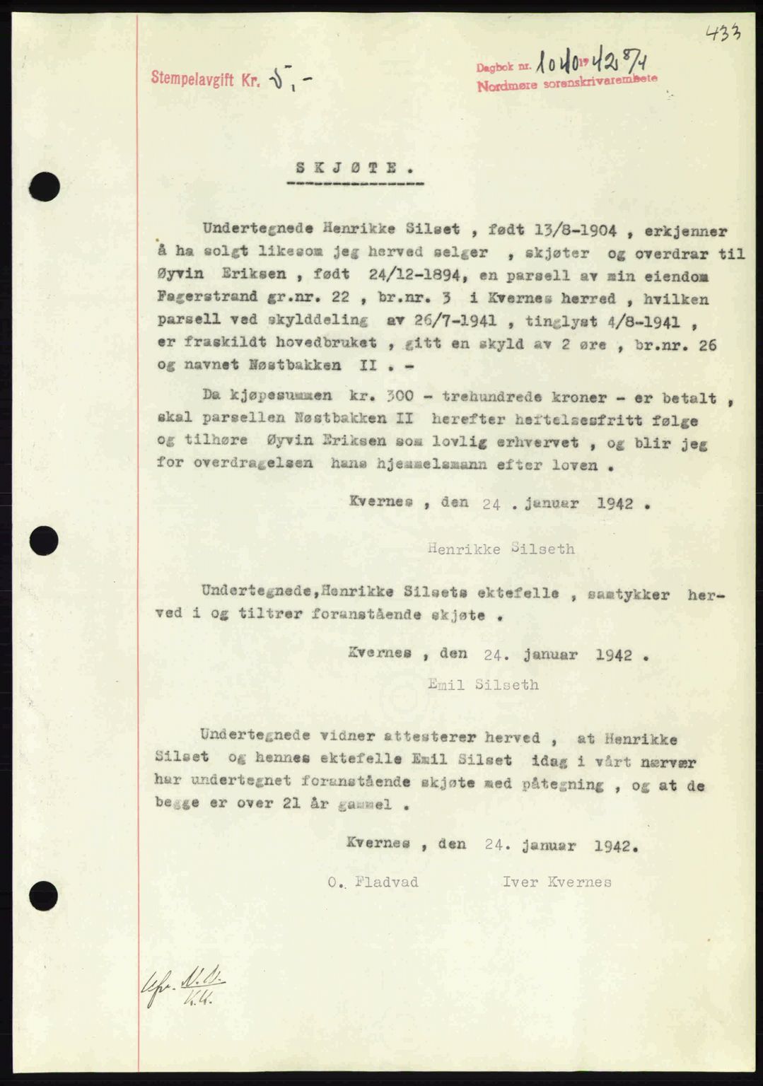 Nordmøre sorenskriveri, SAT/A-4132/1/2/2Ca: Pantebok nr. A92, 1942-1942, Dagboknr: 1040/1942