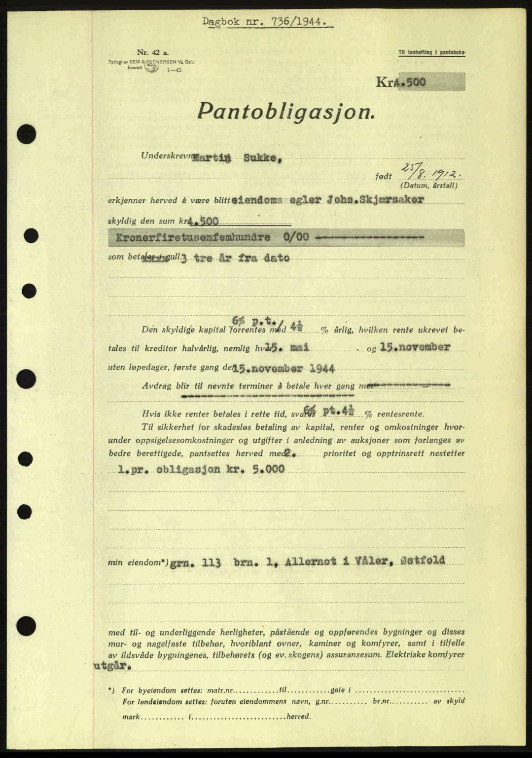 Moss sorenskriveri, SAO/A-10168: Pantebok nr. B13, 1943-1945, Dagboknr: 736/1944