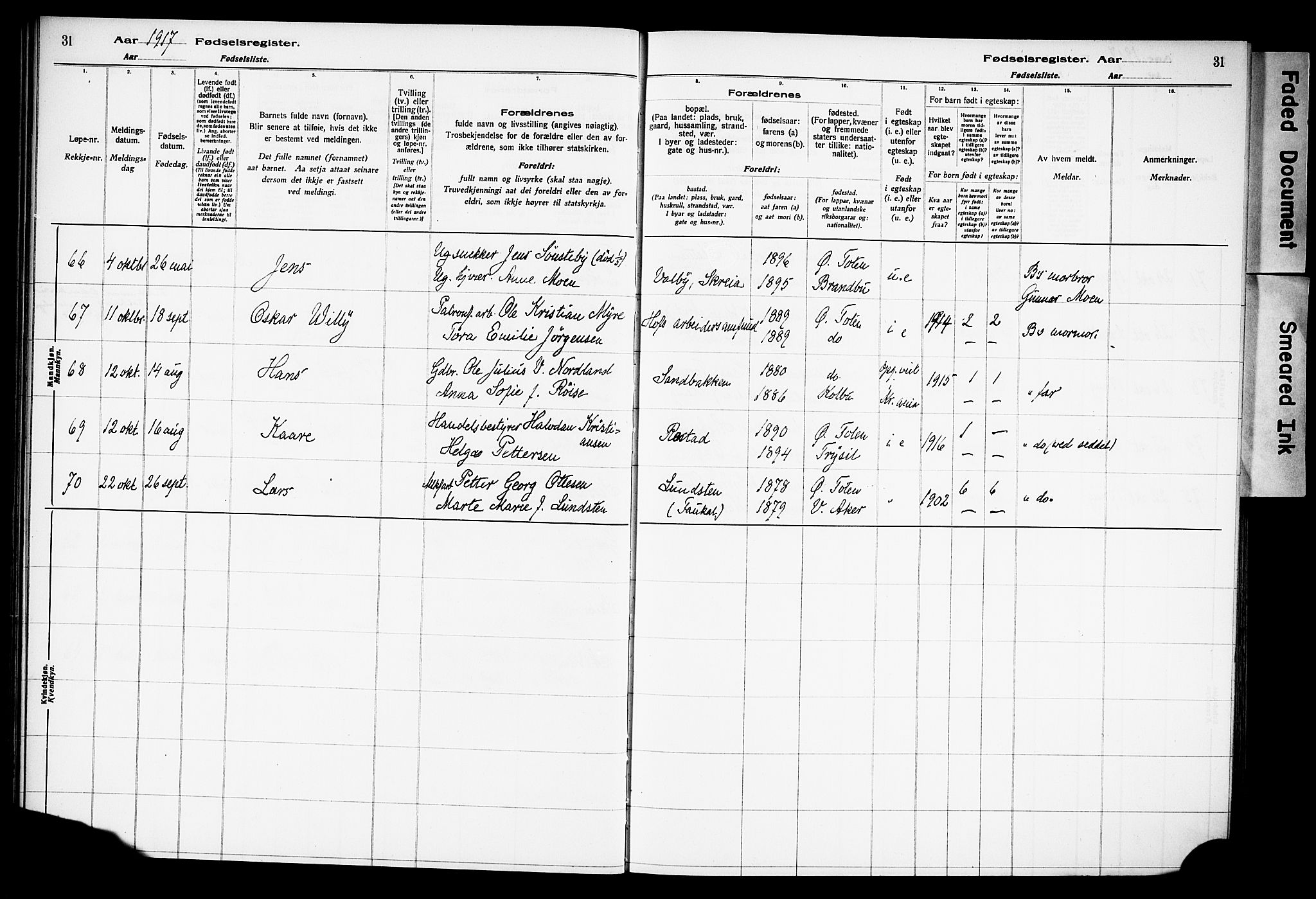 Østre Toten prestekontor, AV/SAH-PREST-104/I/Id/L0001/0001: Fødselsregister nr. 1.1, 1916-1928, s. 31