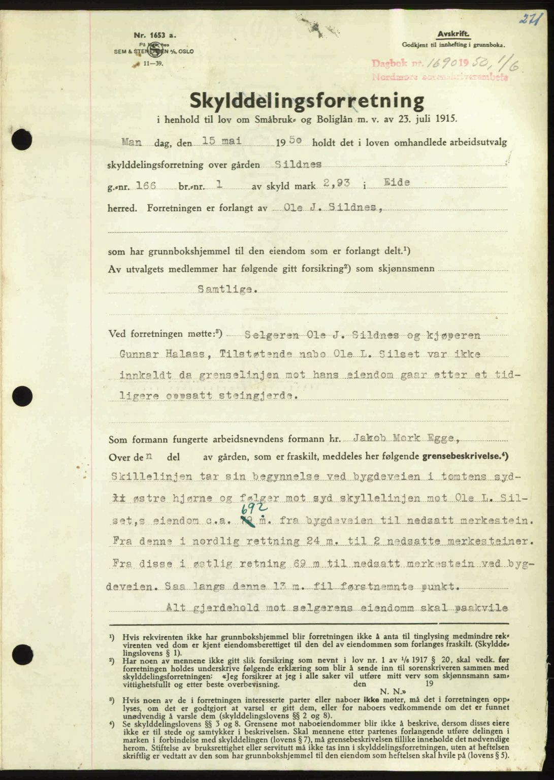 Nordmøre sorenskriveri, SAT/A-4132/1/2/2Ca: Pantebok nr. A115, 1950-1950, Dagboknr: 1690/1950