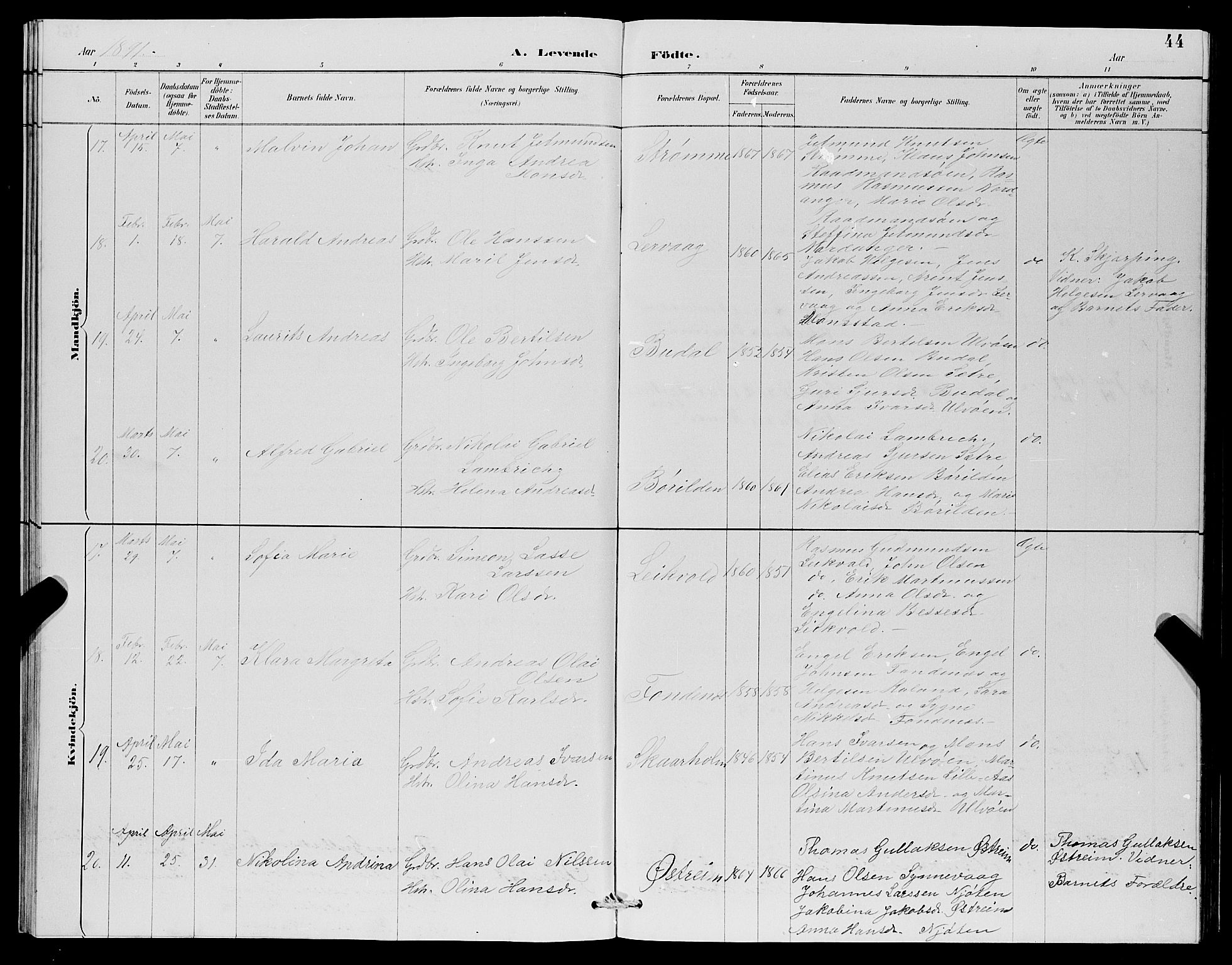 Lindås Sokneprestembete, AV/SAB-A-76701/H/Hab/Habc/L0003: Klokkerbok nr. C 3, 1886-1893, s. 44