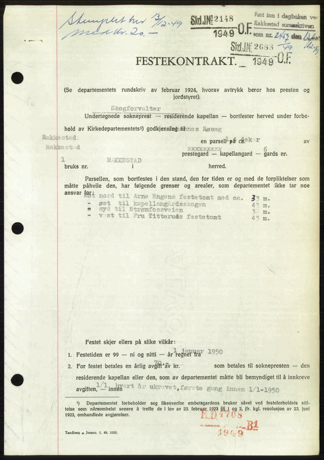 Rakkestad sorenskriveri, SAO/A-10686/G/Gb/Gba/Gbab/L0019: Pantebok nr. A19, 1949-1950, Dagboknr: 2457/1949