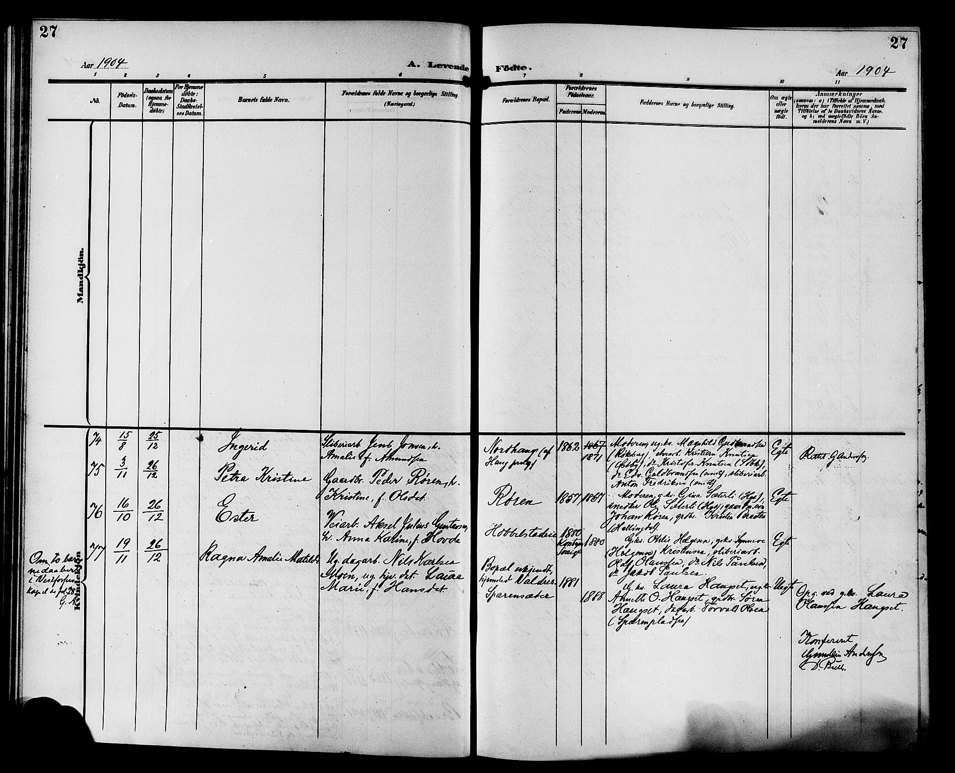 Eiker kirkebøker, AV/SAKO-A-4/G/Ga/L0008: Klokkerbok nr. I 8, 1903-1914, s. 27