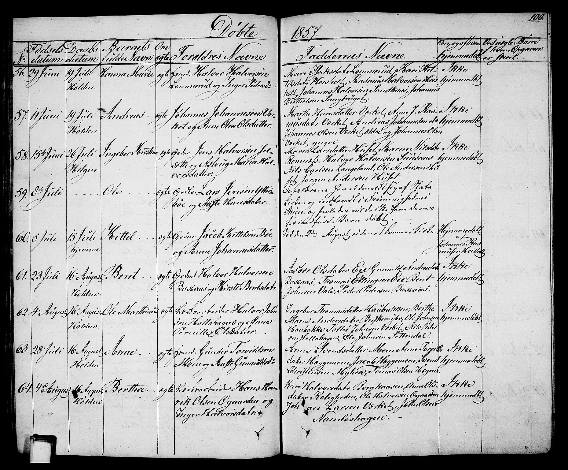 Holla kirkebøker, AV/SAKO-A-272/G/Ga/L0003: Klokkerbok nr. I 3, 1849-1866, s. 100