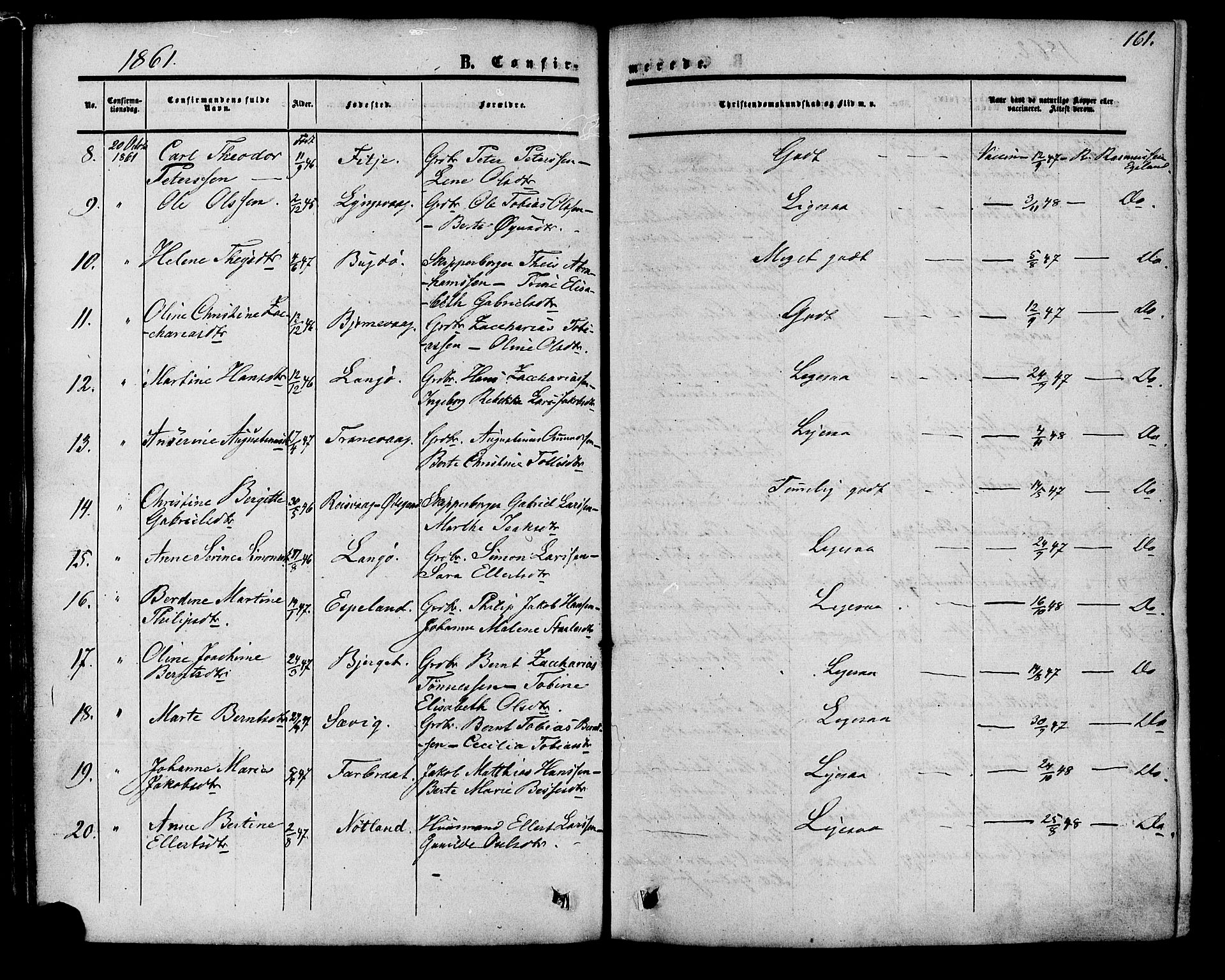 Herad sokneprestkontor, AV/SAK-1111-0018/F/Fa/Fab/L0004: Ministerialbok nr. A 4, 1853-1885, s. 161