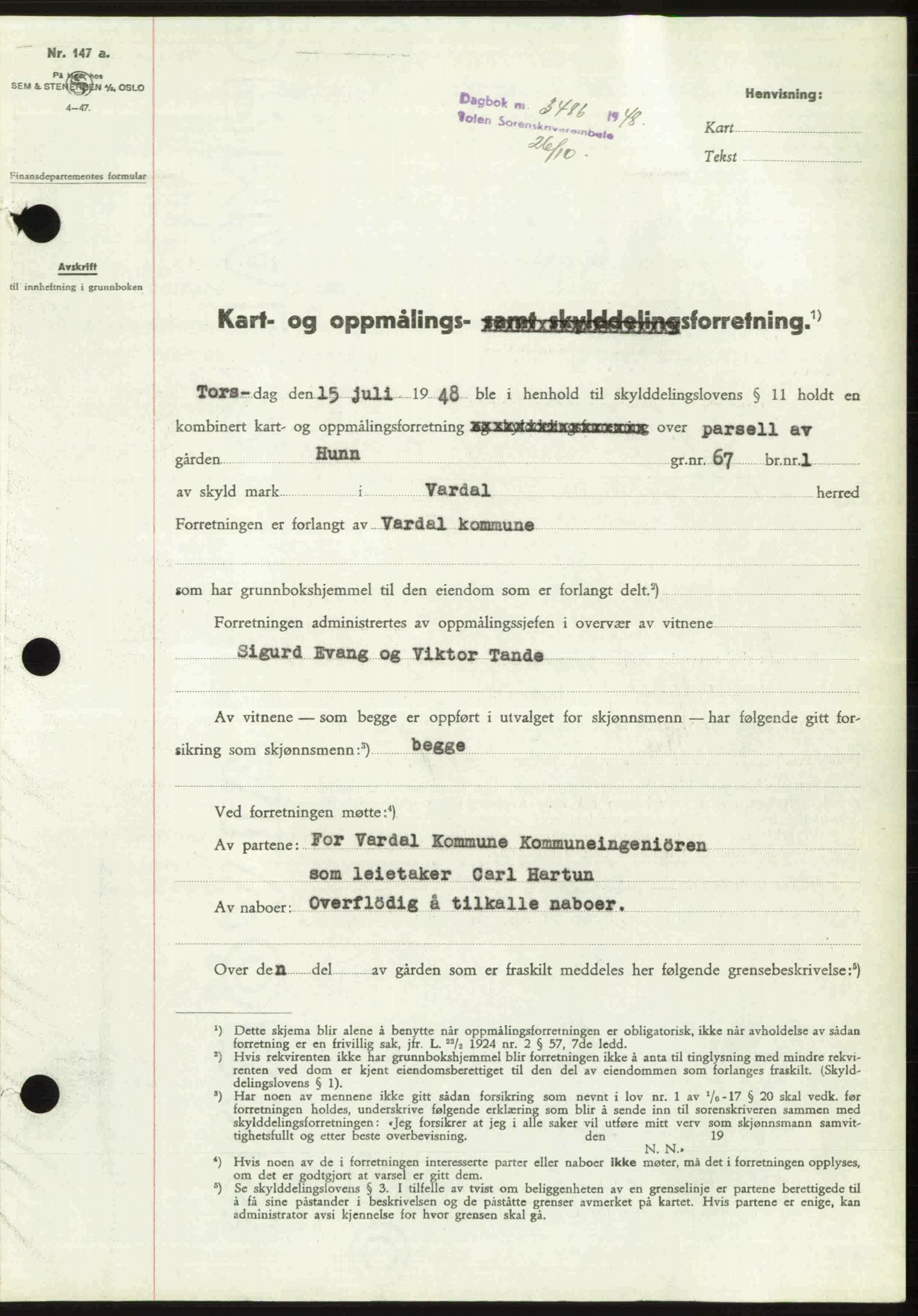 Toten tingrett, AV/SAH-TING-006/H/Hb/Hbc/L0020: Pantebok nr. Hbc-20, 1948-1948, Dagboknr: 3486/1948