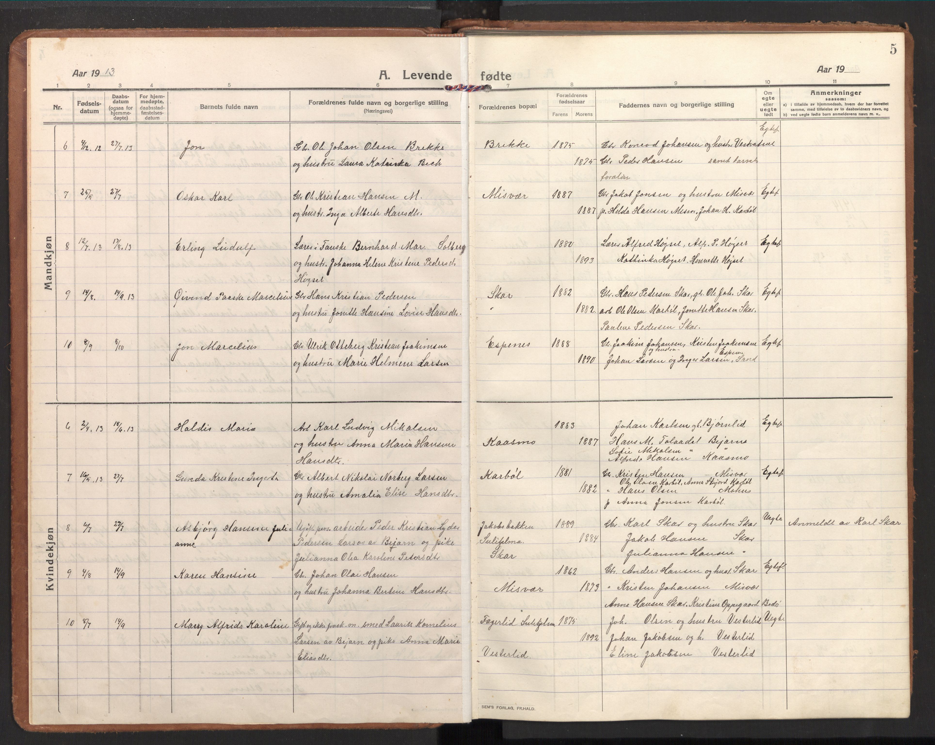 Ministerialprotokoller, klokkerbøker og fødselsregistre - Nordland, SAT/A-1459/848/L0688: Ministerialbok nr. 848A01, 1913-1935, s. 5