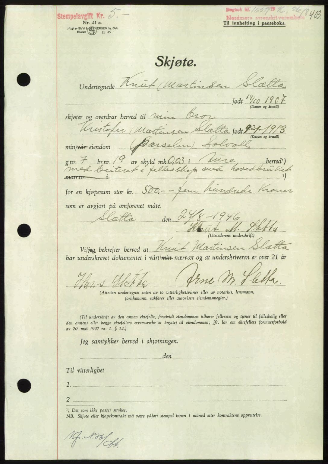 Nordmøre sorenskriveri, AV/SAT-A-4132/1/2/2Ca: Pantebok nr. A102, 1946-1946, Dagboknr: 1627/1946