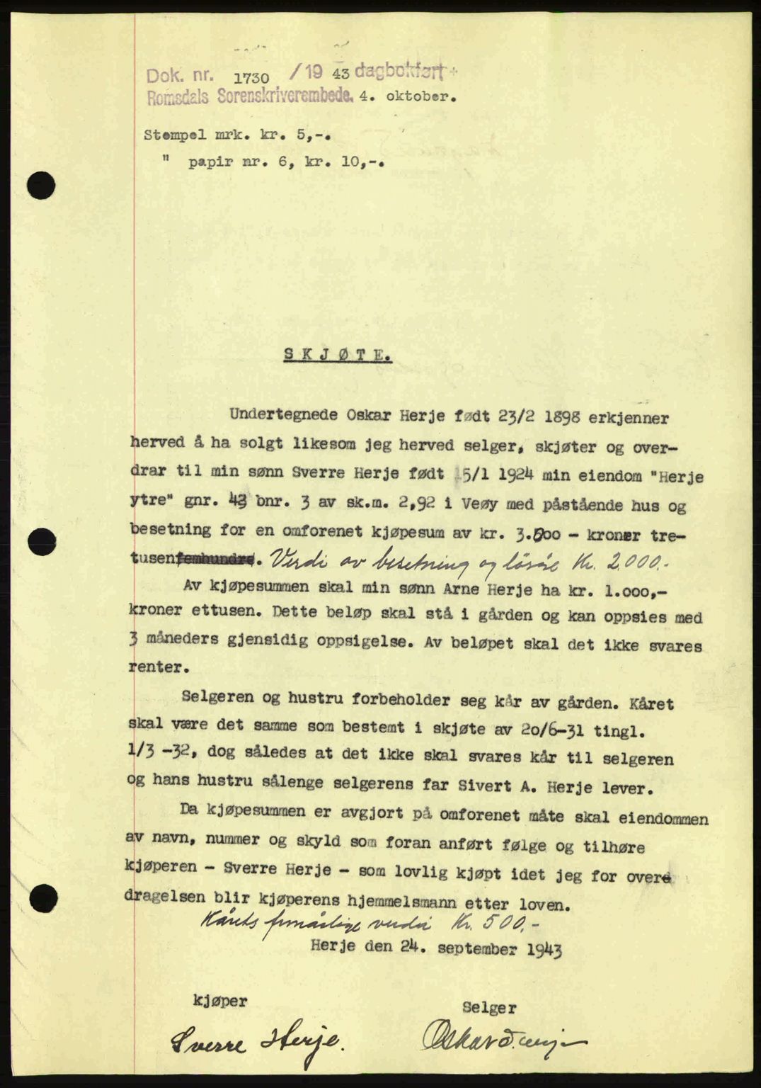 Romsdal sorenskriveri, AV/SAT-A-4149/1/2/2C: Pantebok nr. A15, 1943-1944, Dagboknr: 1730/1943