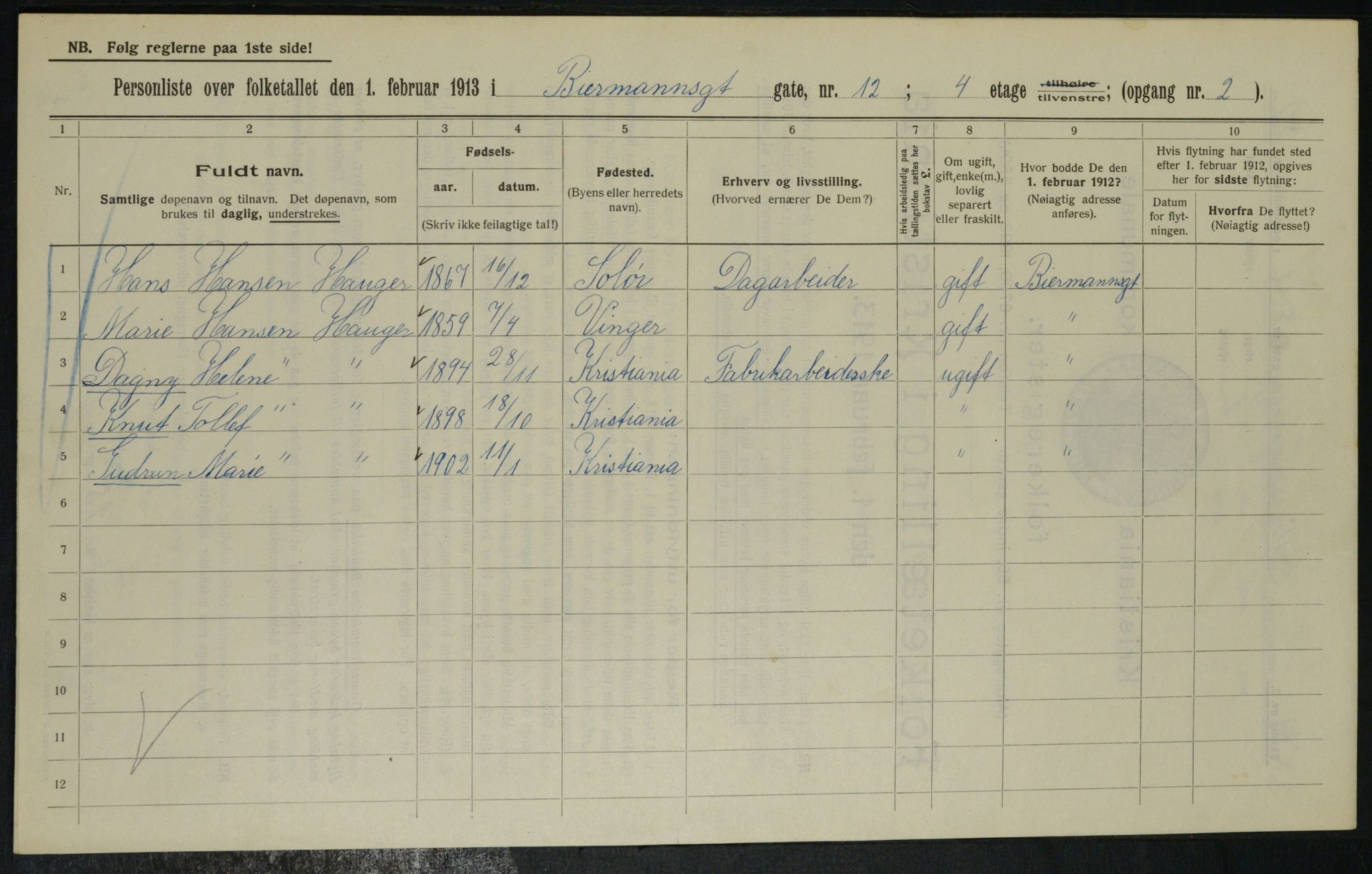 OBA, Kommunal folketelling 1.2.1913 for Kristiania, 1913, s. 4754