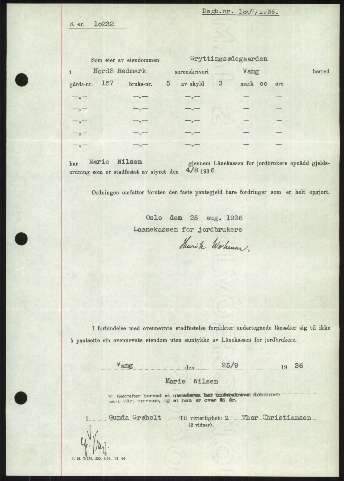 Nord-Hedmark sorenskriveri, SAH/TING-012/H/Hb/Hbf/L0001: Pantebok nr. B1, 1936-1936, Dagboknr: 1807/1936