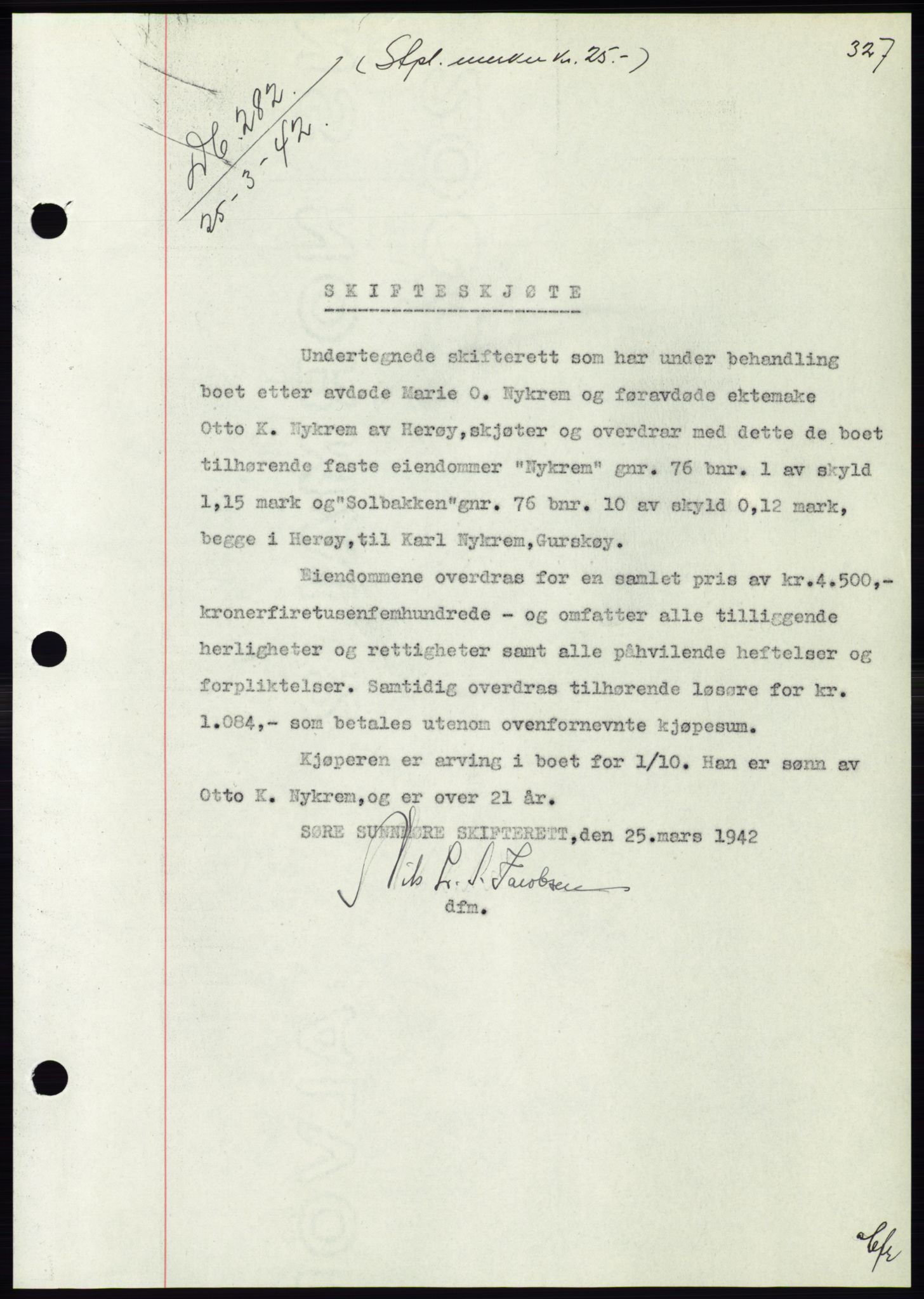 Søre Sunnmøre sorenskriveri, SAT/A-4122/1/2/2C/L0073: Pantebok nr. 67, 1941-1942, Dagboknr: 282/1942
