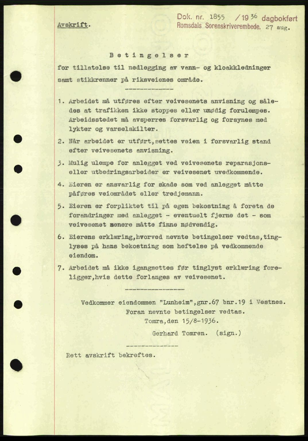 Romsdal sorenskriveri, SAT/A-4149/1/2/2C: Pantebok nr. A1, 1936-1936, Dagboknr: 1855/1936