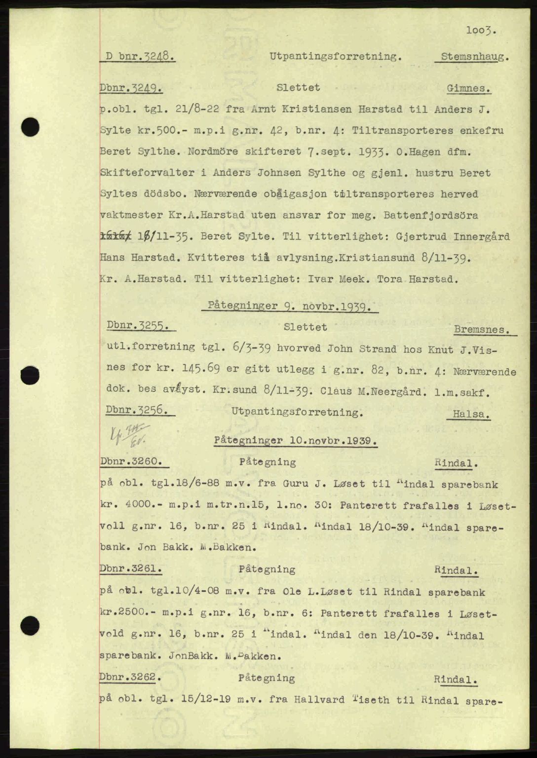 Nordmøre sorenskriveri, SAT/A-4132/1/2/2Ca: Pantebok nr. C80, 1936-1939, Dagboknr: 3248/1939