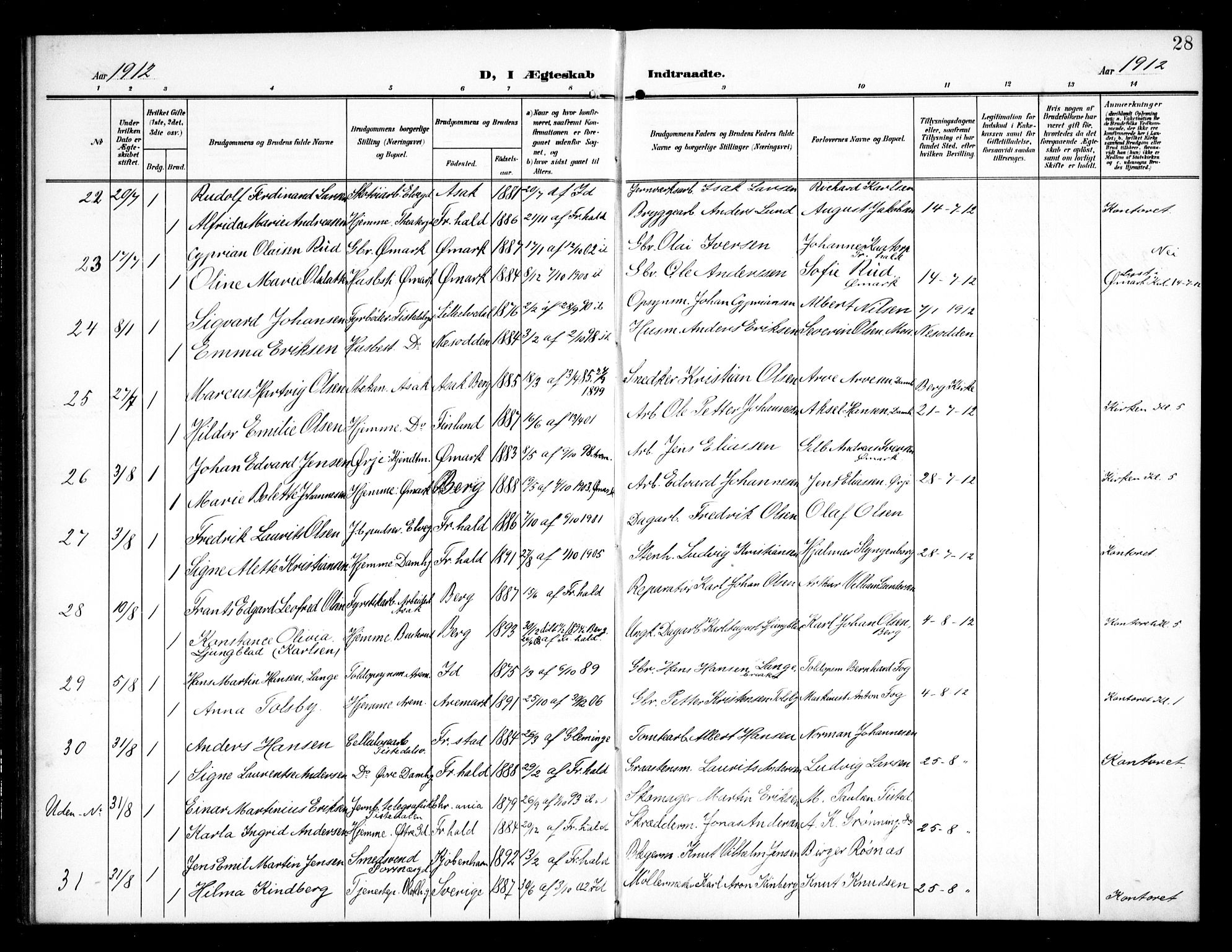 Halden prestekontor Kirkebøker, AV/SAO-A-10909/G/Ga/L0011: Klokkerbok nr. 11, 1906-1934, s. 28