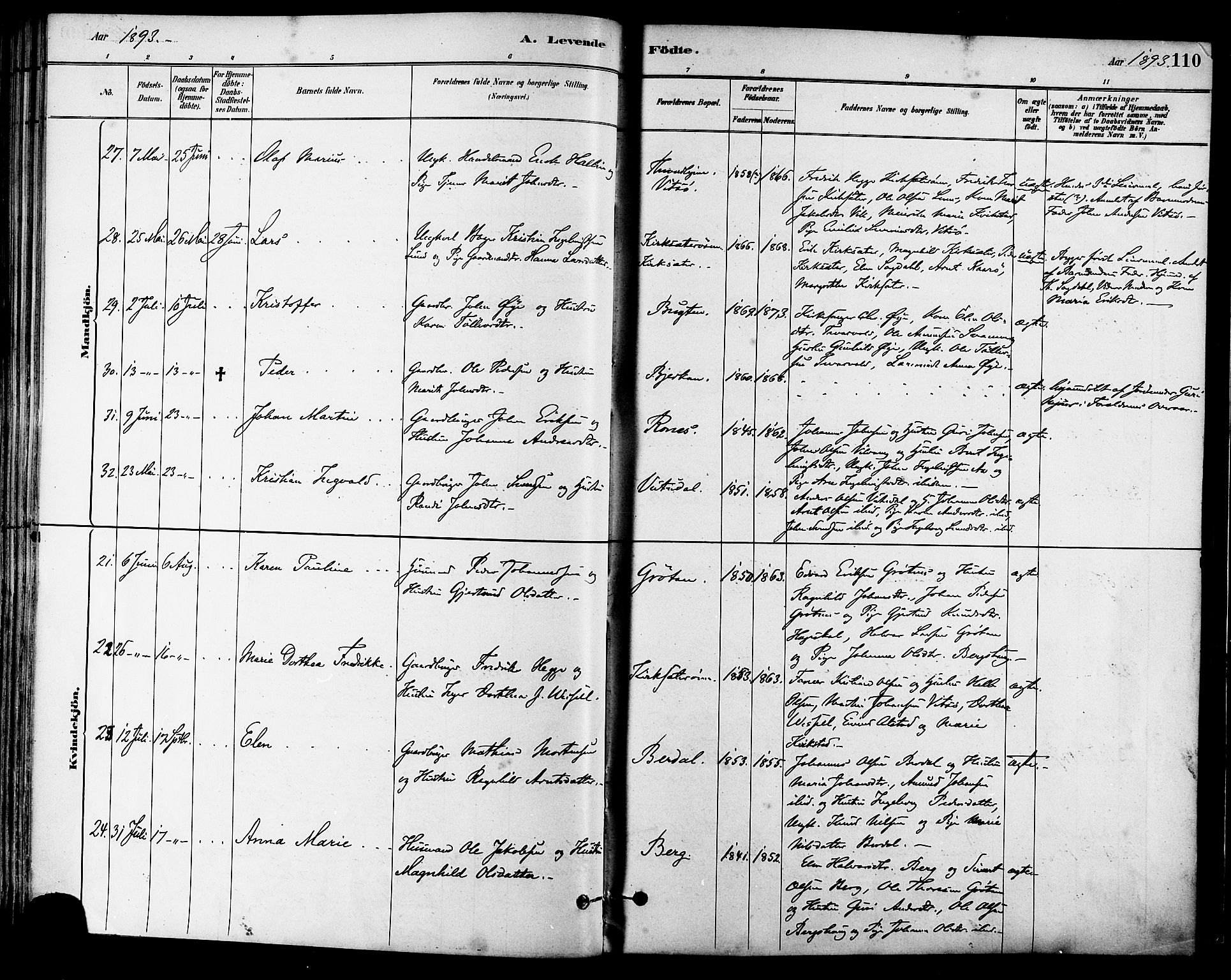 Ministerialprotokoller, klokkerbøker og fødselsregistre - Sør-Trøndelag, SAT/A-1456/630/L0496: Ministerialbok nr. 630A09, 1879-1895, s. 110