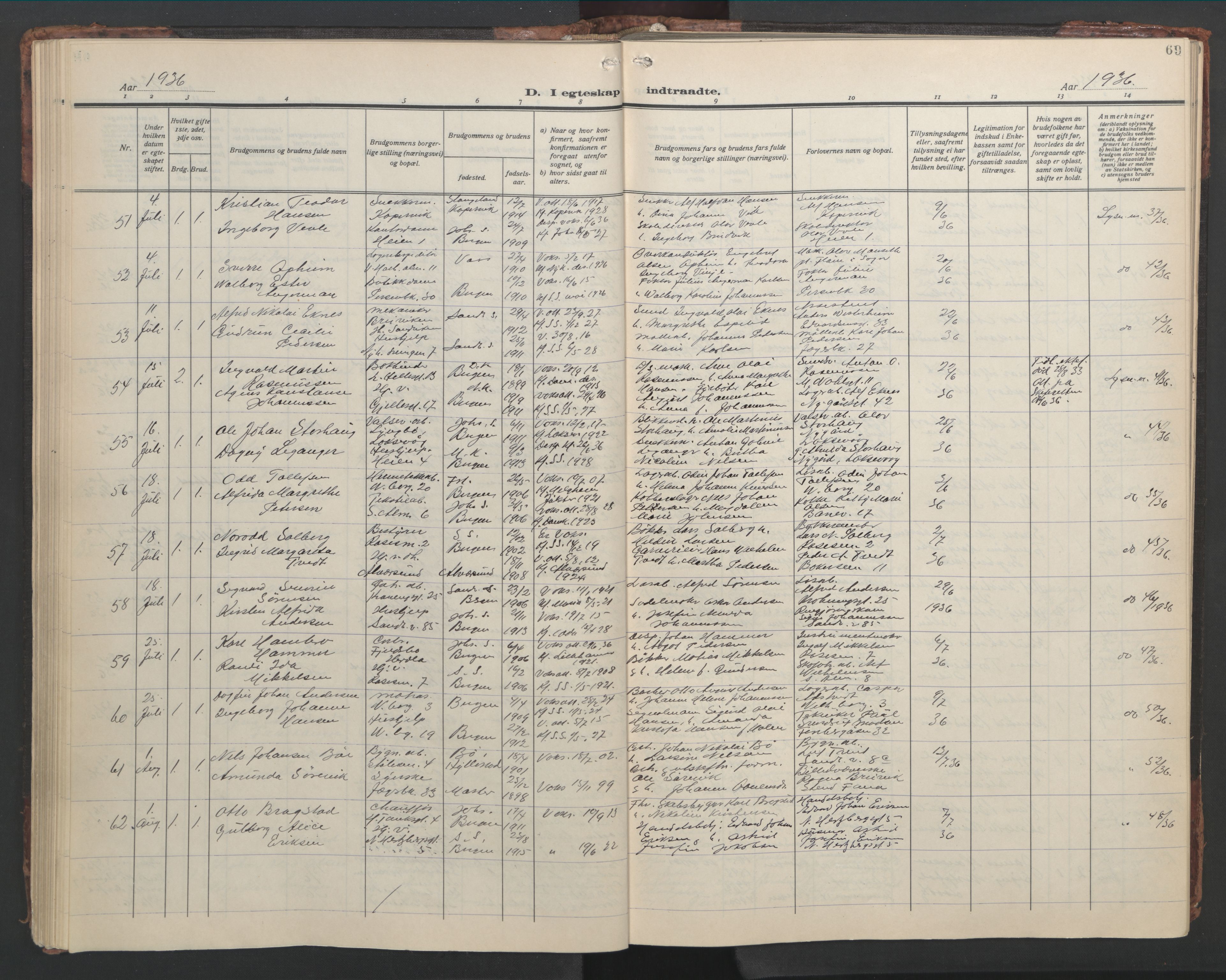 Sandviken Sokneprestembete, AV/SAB-A-77601/H/Hb/L0015: Klokkerbok nr. D 2, 1929-1953, s. 68b-69a
