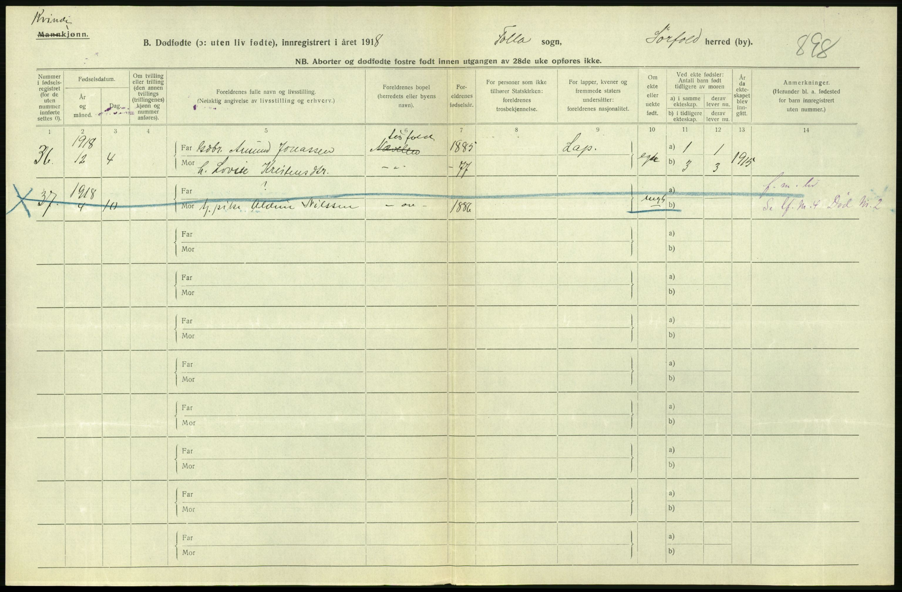 Statistisk sentralbyrå, Sosiodemografiske emner, Befolkning, AV/RA-S-2228/D/Df/Dfb/Dfbh/L0054: Nordland fylke: Gifte, dødfødte. Bygder og byer., 1918, s. 460