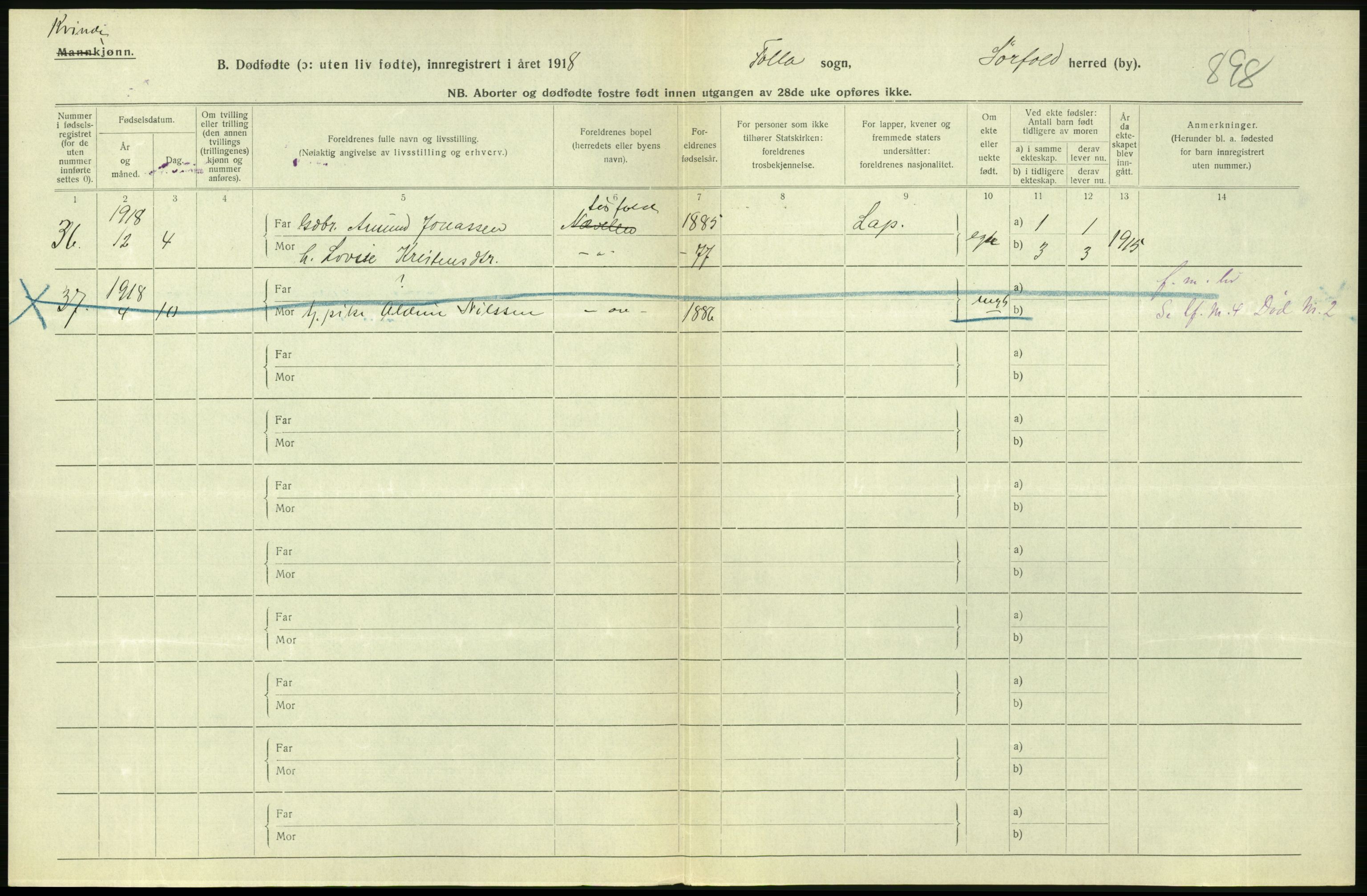 Statistisk sentralbyrå, Sosiodemografiske emner, Befolkning, RA/S-2228/D/Df/Dfb/Dfbh/L0054: Nordland fylke: Gifte, dødfødte. Bygder og byer., 1918, s. 460