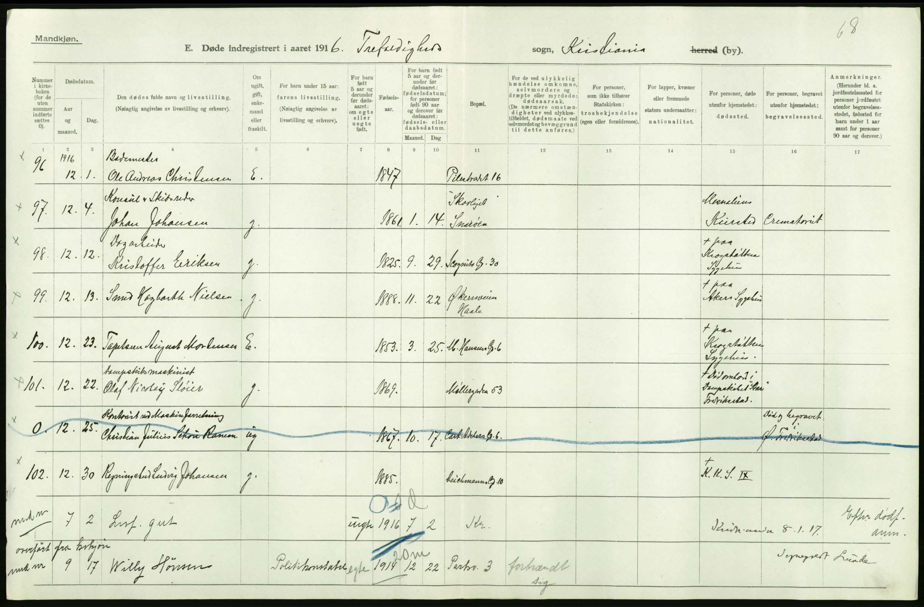 Statistisk sentralbyrå, Sosiodemografiske emner, Befolkning, AV/RA-S-2228/D/Df/Dfb/Dfbf/L0010: Kristiania: Døde, dødfødte., 1916, s. 176