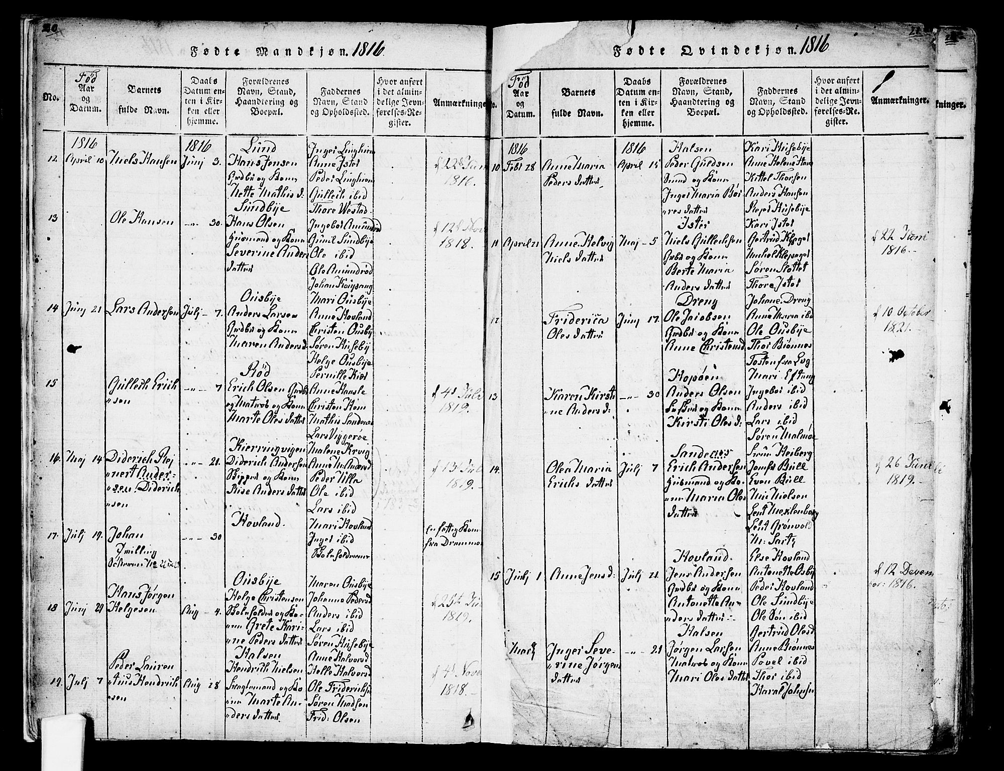 Tjølling kirkebøker, AV/SAKO-A-60/F/Fa/L0005: Ministerialbok nr. 5, 1814-1836, s. 20-21