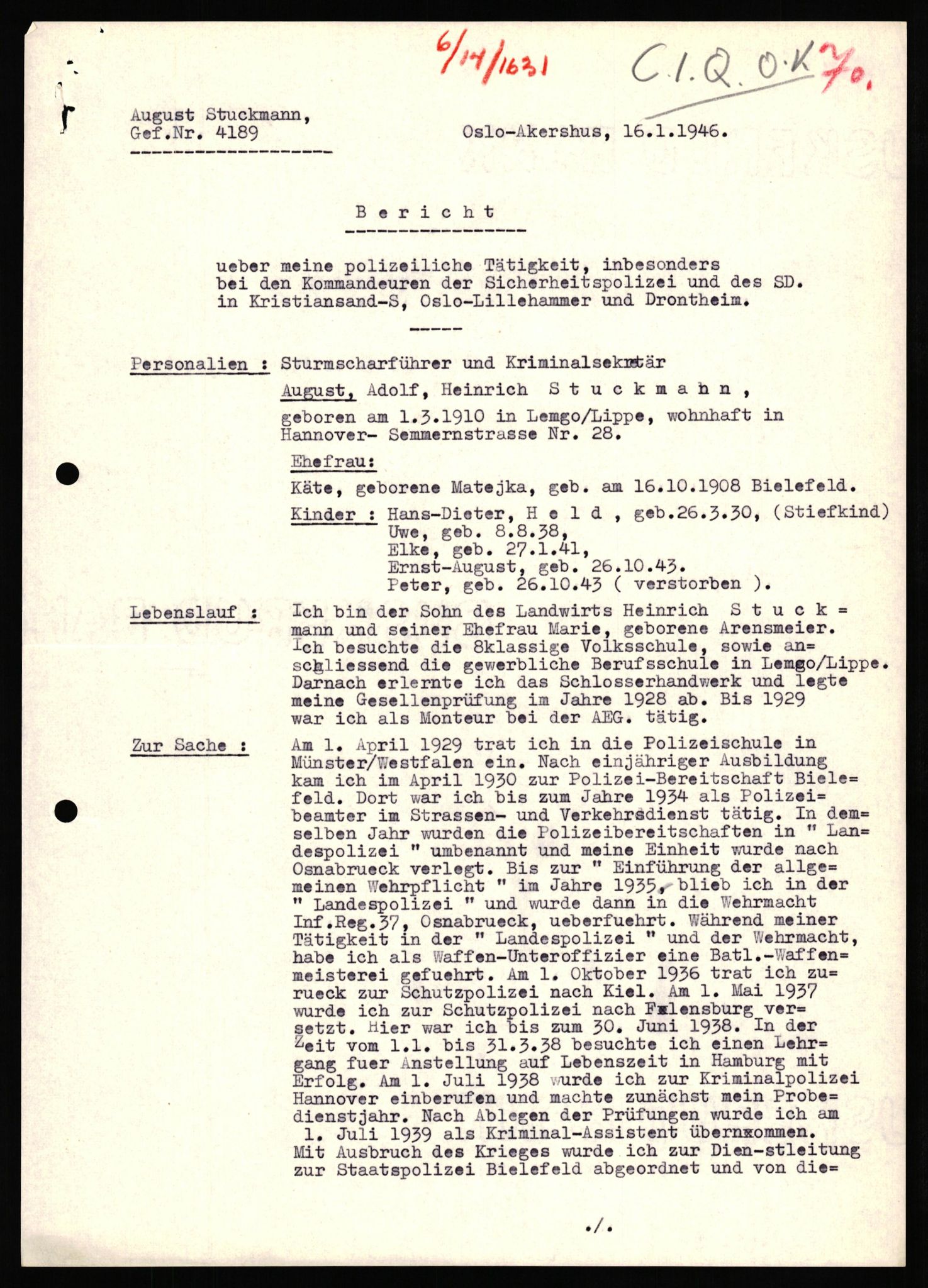 Forsvaret, Forsvarets overkommando II, RA/RAFA-3915/D/Db/L0033: CI Questionaires. Tyske okkupasjonsstyrker i Norge. Tyskere., 1945-1946, s. 276