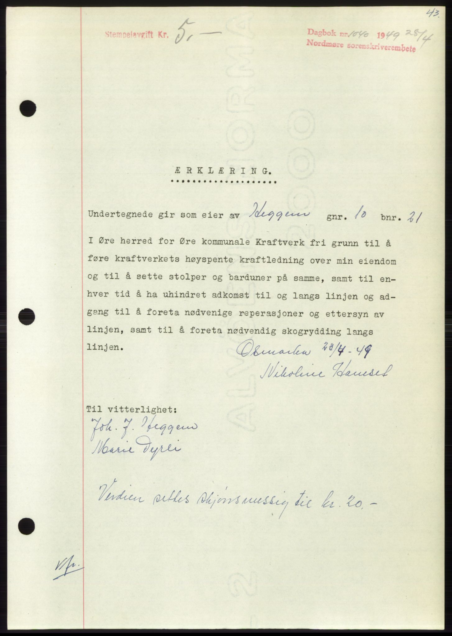Nordmøre sorenskriveri, SAT/A-4132/1/2/2Ca: Pantebok nr. B101, 1949-1949, Dagboknr: 1040/1949