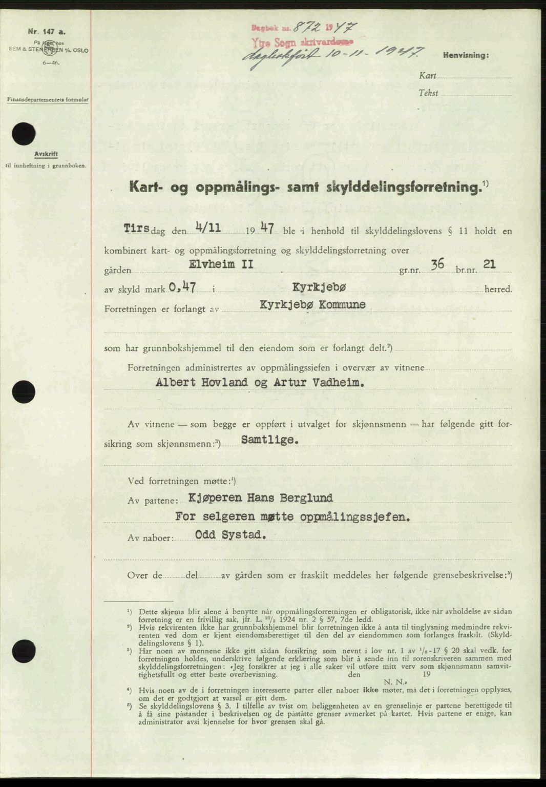 Ytre Sogn tingrett, SAB/A-2601/1/G/Gbb/L0005: Pantebok nr. A3 - A4 (B2), 1947-1948, Dagboknr: 872/1947