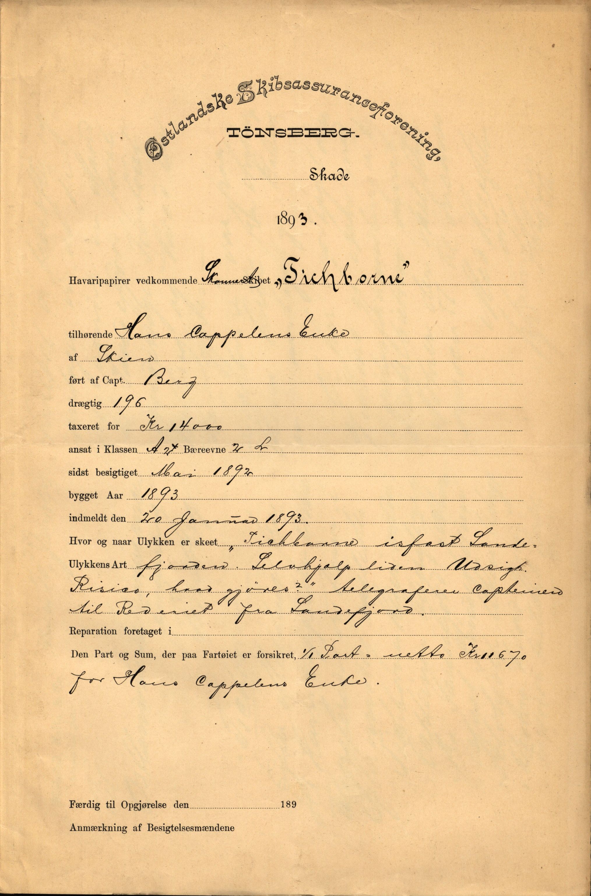 Pa 63 - Østlandske skibsassuranceforening, VEMU/A-1079/G/Ga/L0030/0007: Havaridokumenter / Furu, Magnhild, Magnolia, Havfruen, Tichborne, 1893, s. 74