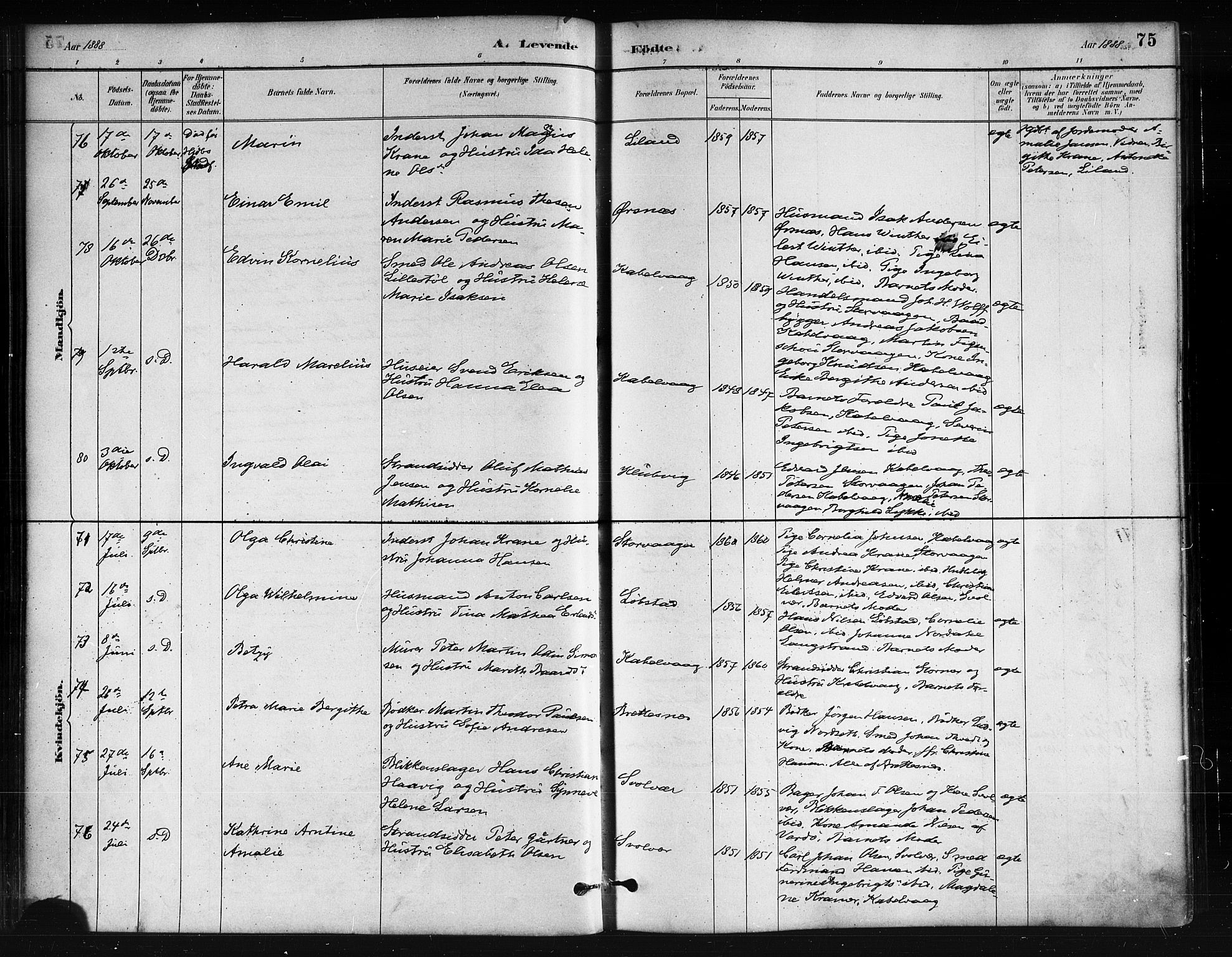 Ministerialprotokoller, klokkerbøker og fødselsregistre - Nordland, SAT/A-1459/874/L1059: Ministerialbok nr. 874A03, 1884-1890, s. 75