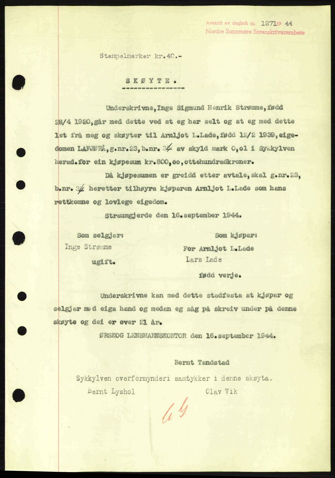 Nordre Sunnmøre sorenskriveri, SAT/A-0006/1/2/2C/2Ca: Pantebok nr. A18, 1944-1944, Dagboknr: 1271/1944