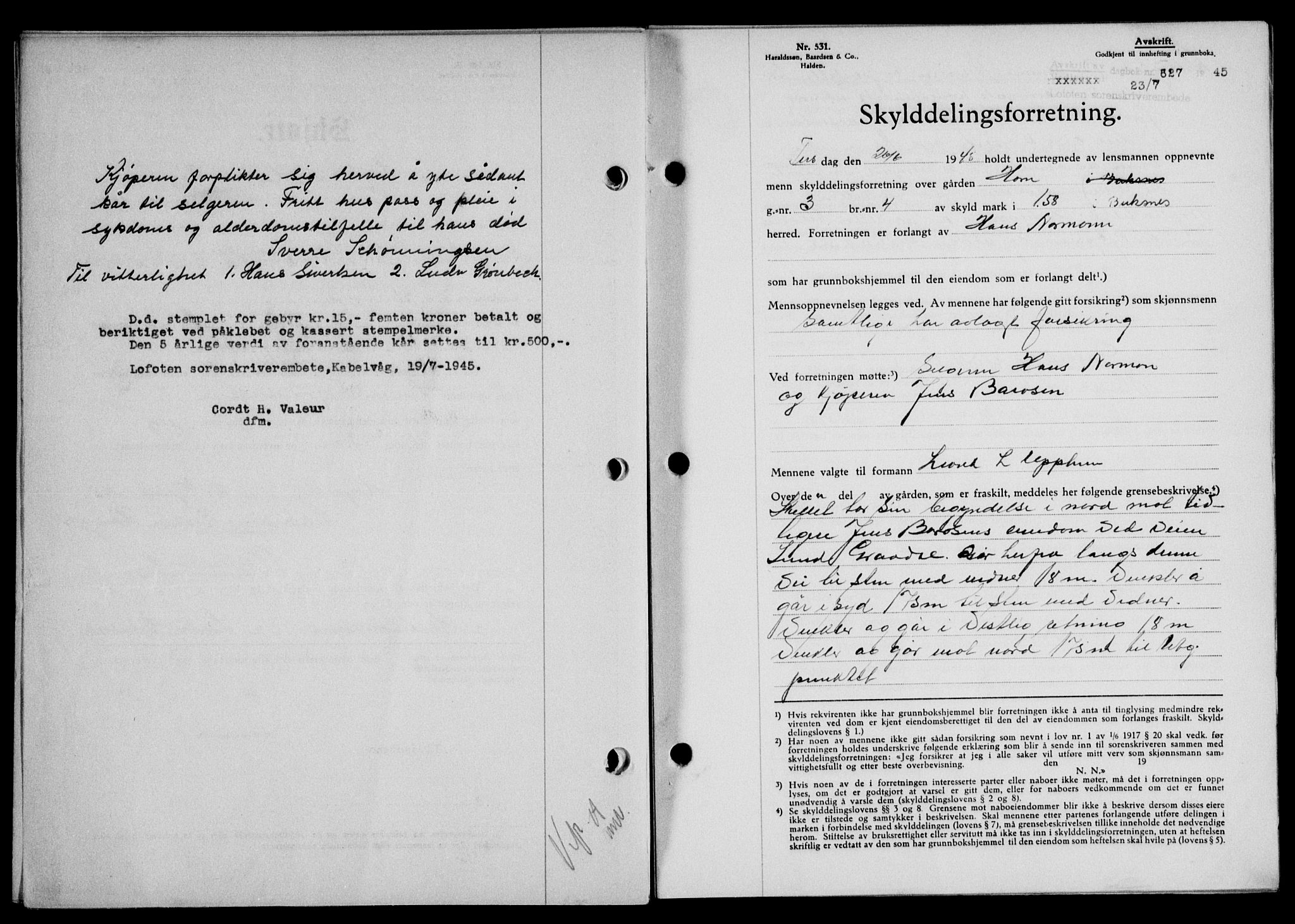 Lofoten sorenskriveri, SAT/A-0017/1/2/2C/L0013a: Pantebok nr. 13a, 1944-1946, Dagboknr: 627/1945
