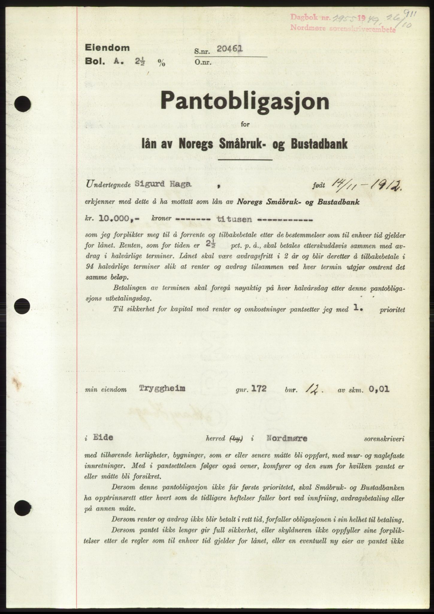 Nordmøre sorenskriveri, SAT/A-4132/1/2/2Ca: Pantebok nr. B102, 1949-1949, Dagboknr: 2955/1949