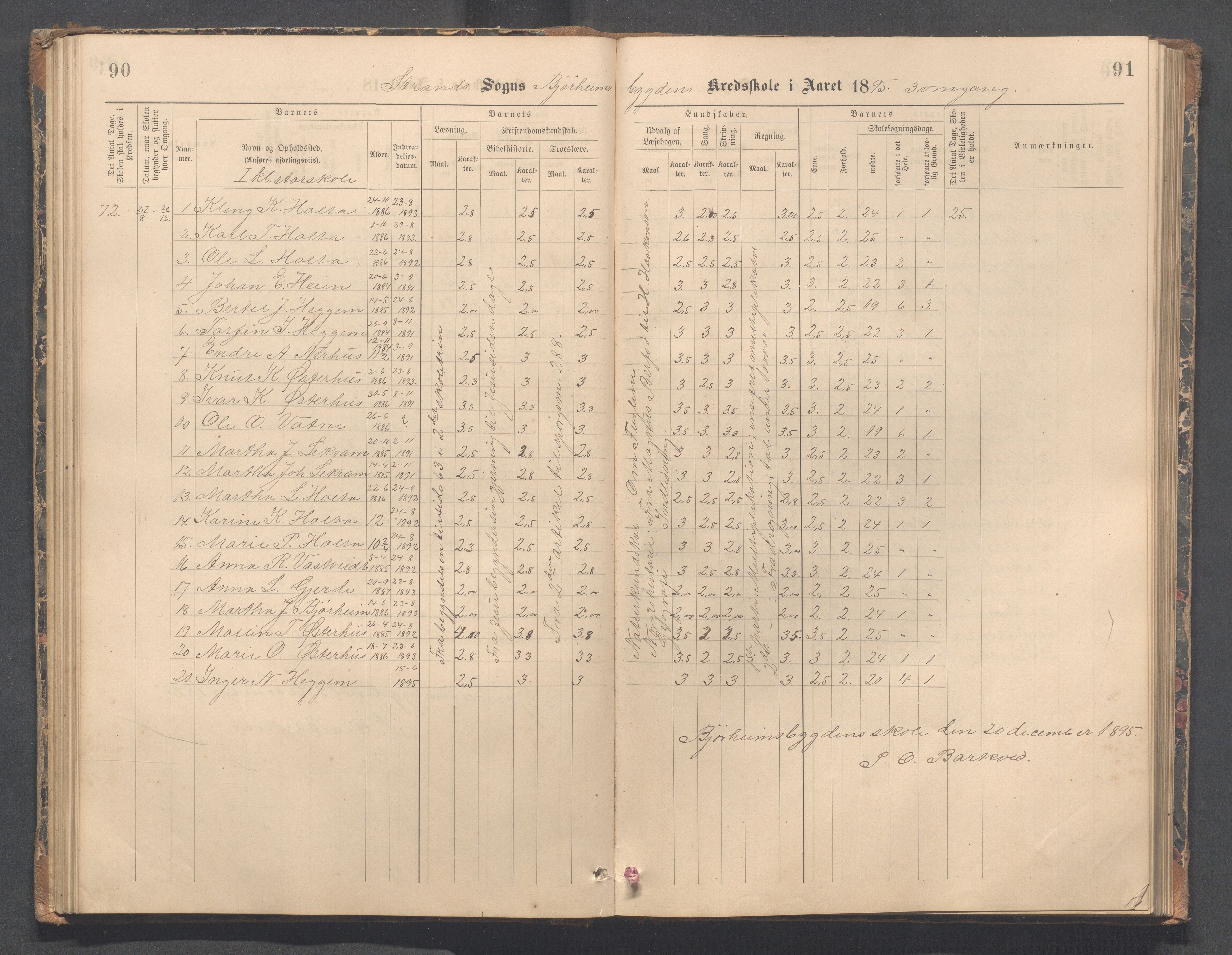 Strand kommune - Bjørheimsbygd skole, IKAR/A-147/H/L0002: Skoleprotokoll for Bjørheimsbygd og Lekvam krets, 1891-1907, s. 90-91