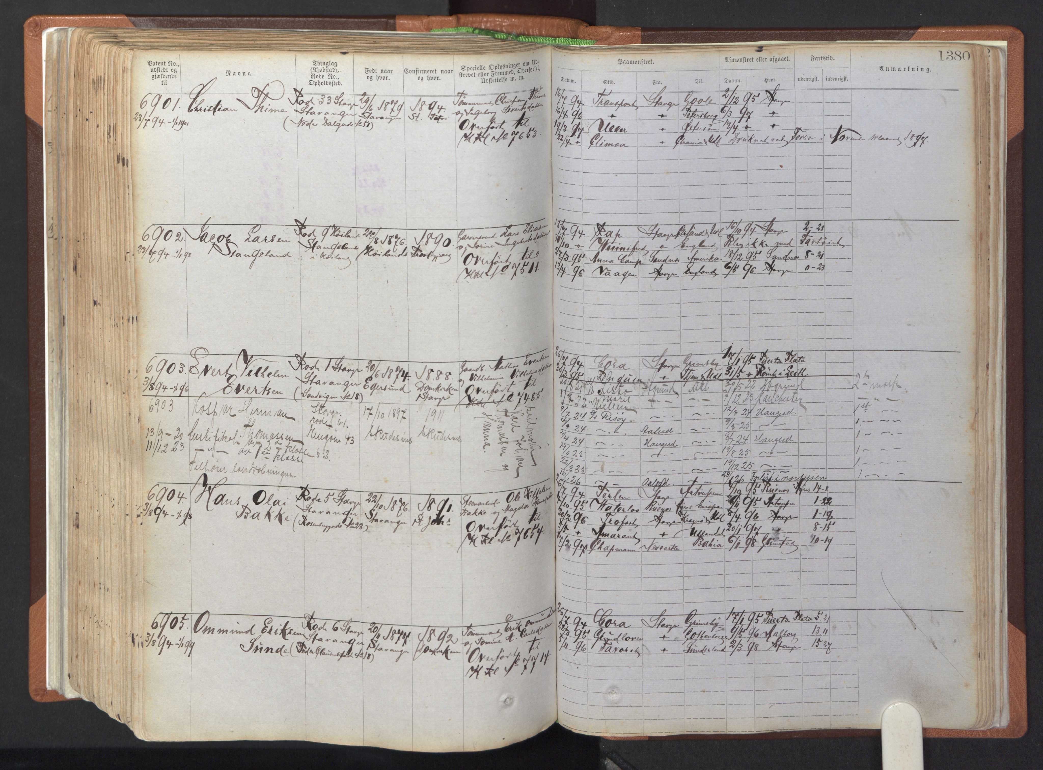 Stavanger sjømannskontor, AV/SAST-A-102006/F/Ff/L0007: Annotasjonsrulle, patentnr. 5506-7180, 1887-1900, s. 285