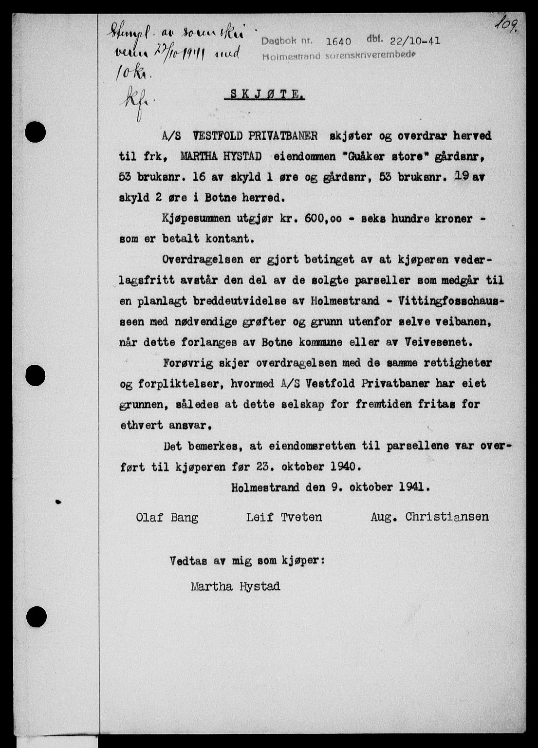 Holmestrand sorenskriveri, SAKO/A-67/G/Ga/Gaa/L0054: Pantebok nr. A-54, 1941-1942, Dagboknr: 1640/1941