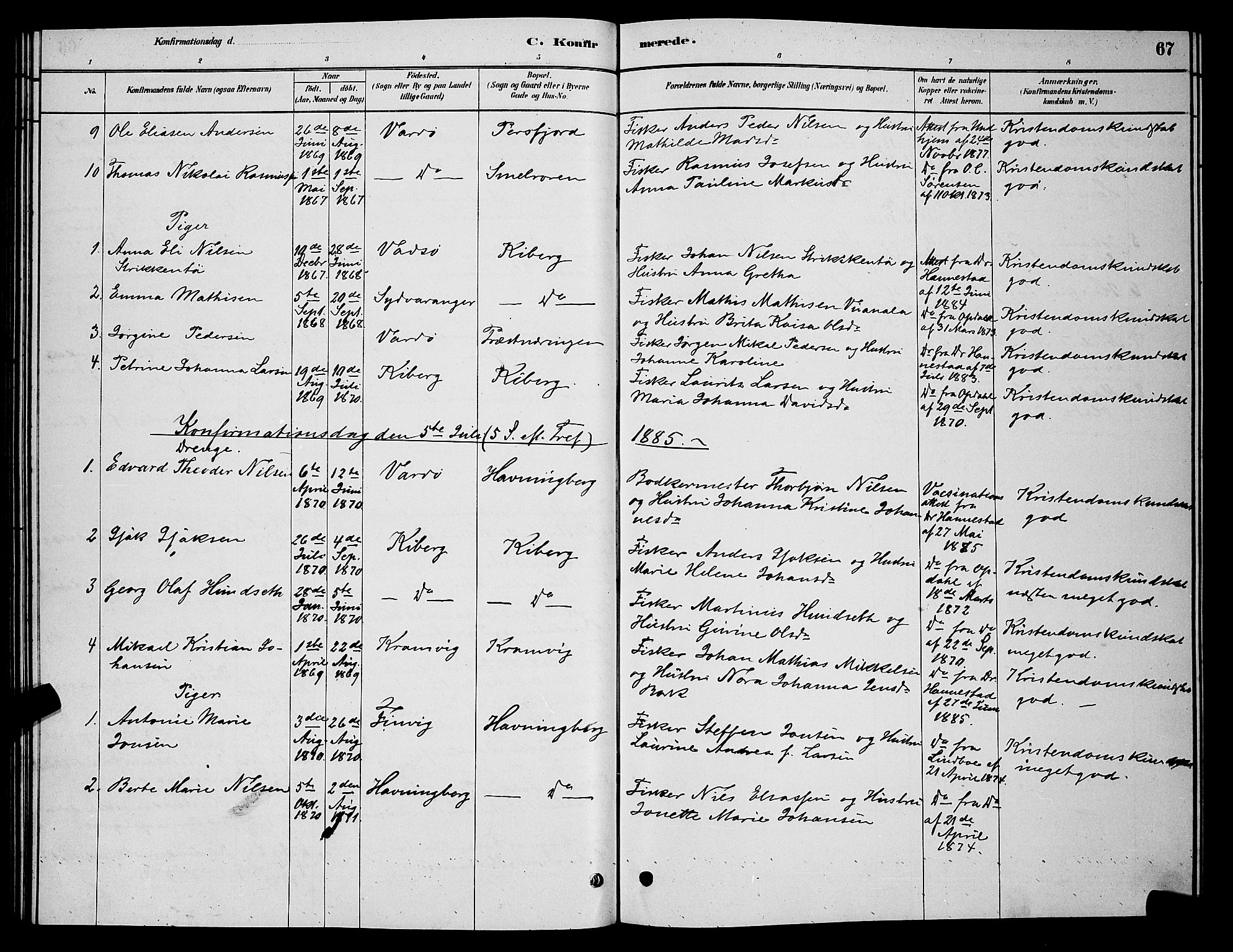 Vardø sokneprestkontor, AV/SATØ-S-1332/H/Hb/L0006klokker: Klokkerbok nr. 6, 1879-1887, s. 67