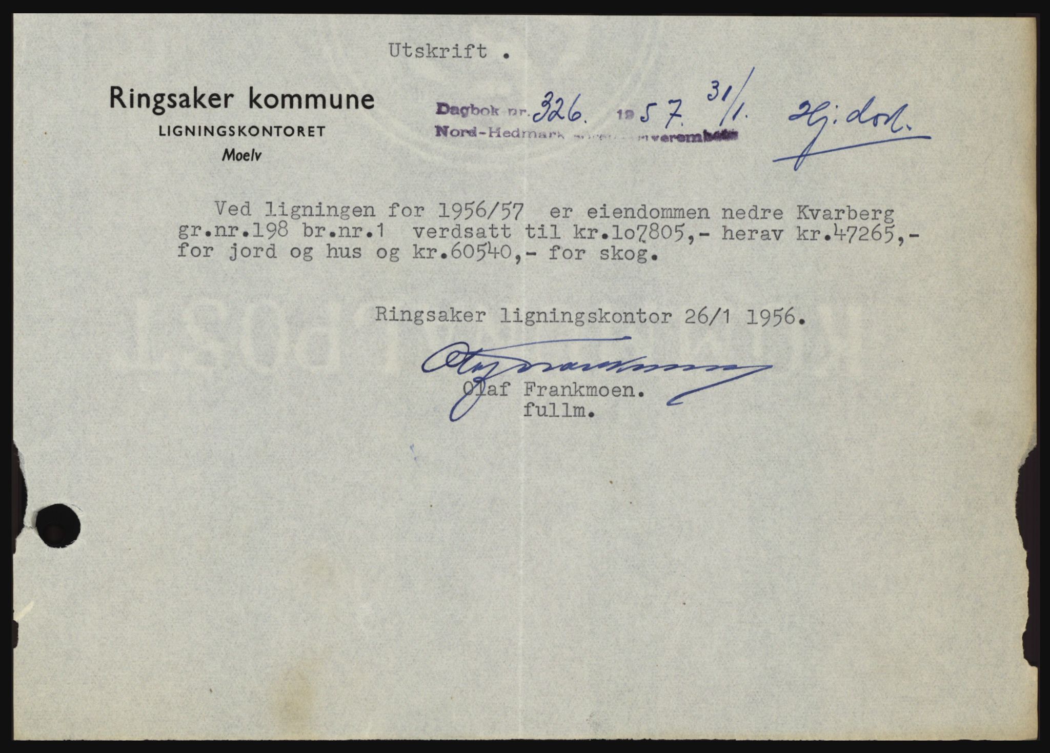 Nord-Hedmark sorenskriveri, SAH/TING-012/H/Hc/L0011: Pantebok nr. 11, 1956-1957, Dagboknr: 326/1957