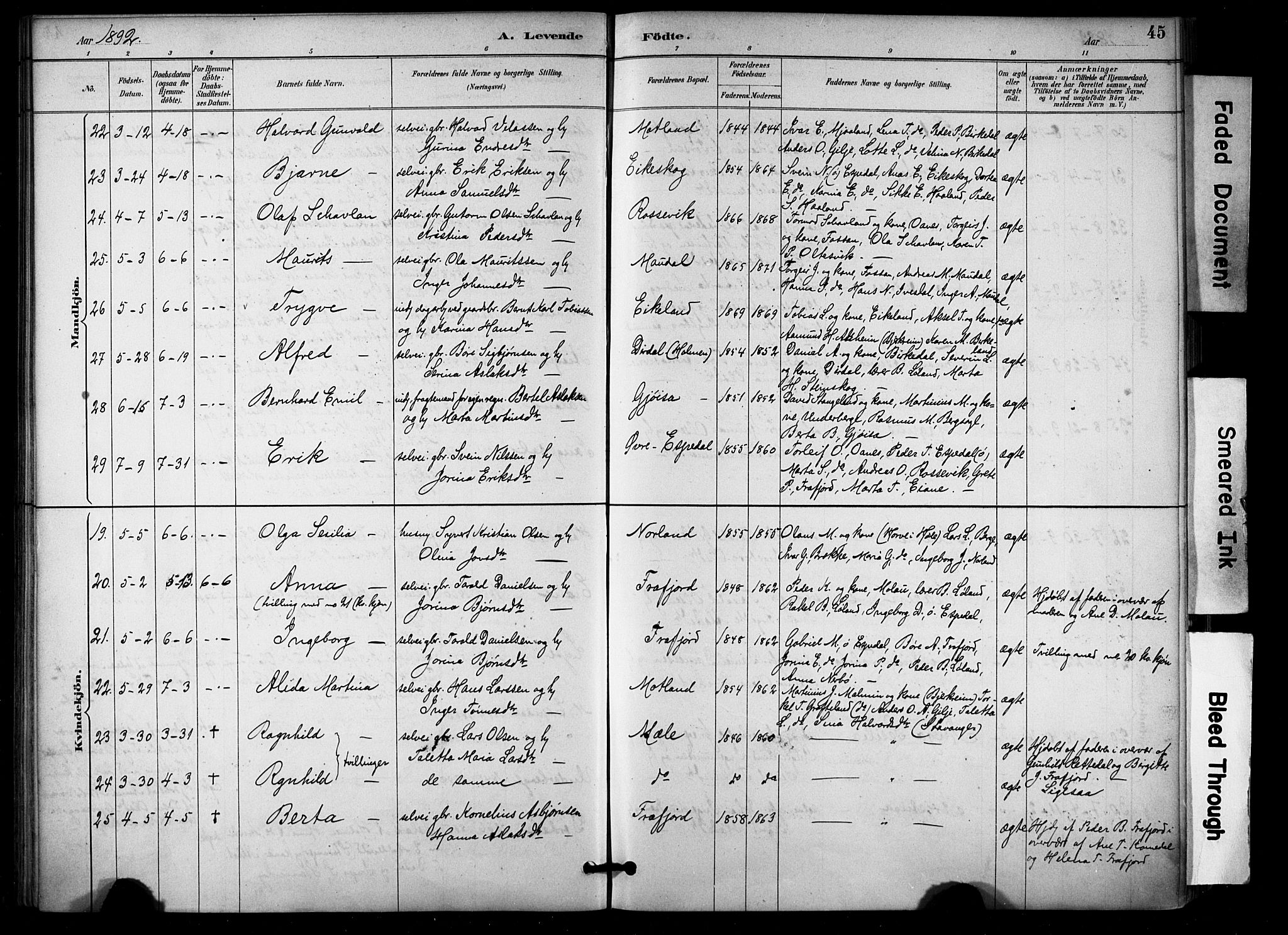 Høgsfjord sokneprestkontor, AV/SAST-A-101624/H/Ha/Haa/L0006: Ministerialbok nr. A 6, 1885-1897, s. 45