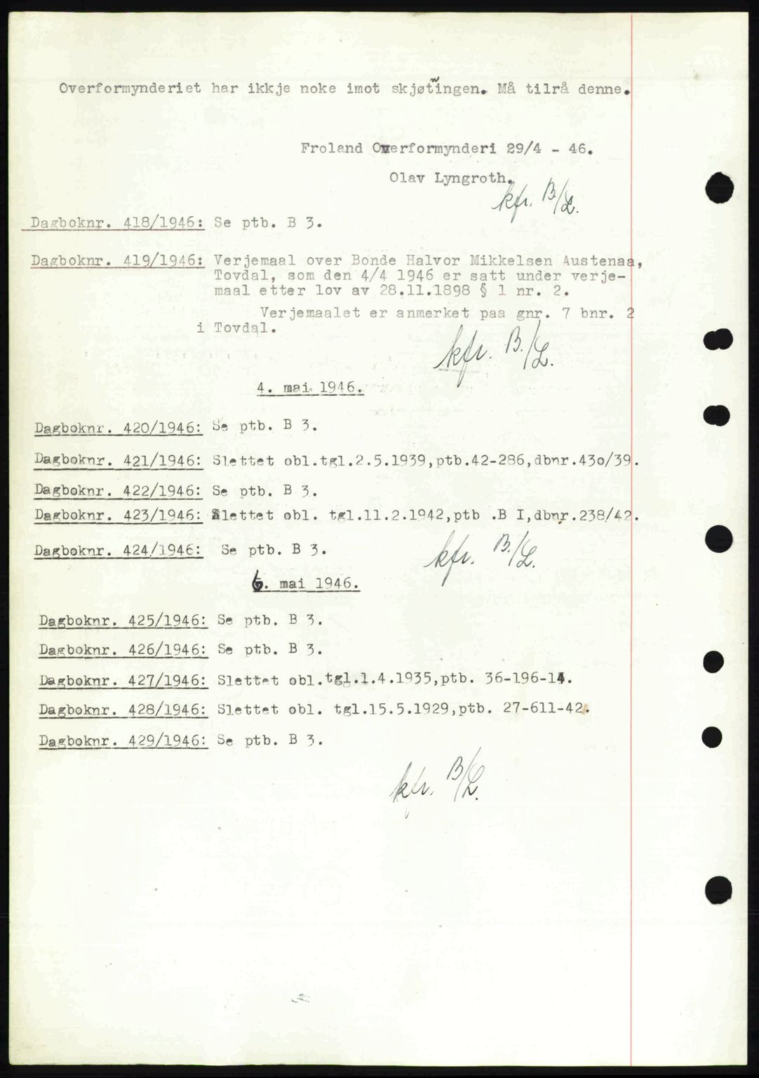 Nedenes sorenskriveri, AV/SAK-1221-0006/G/Gb/Gba/L0054: Pantebok nr. A6c, 1946-1946, Dagboknr: 417/1946