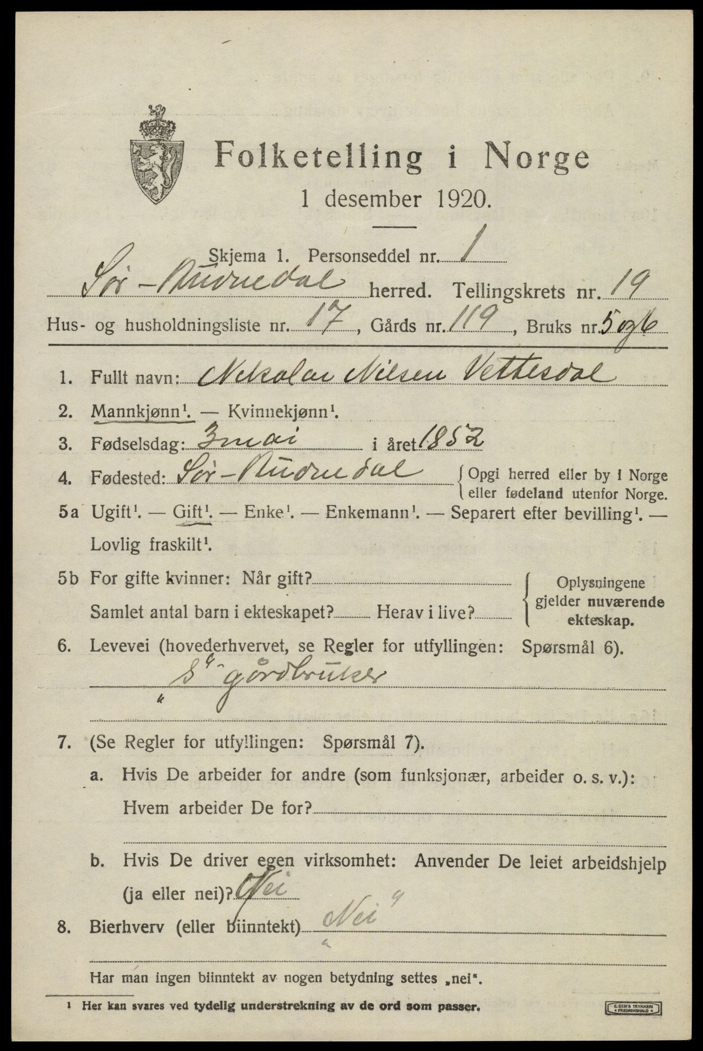 SAK, Folketelling 1920 for 1029 Sør-Audnedal herred, 1920, s. 6711