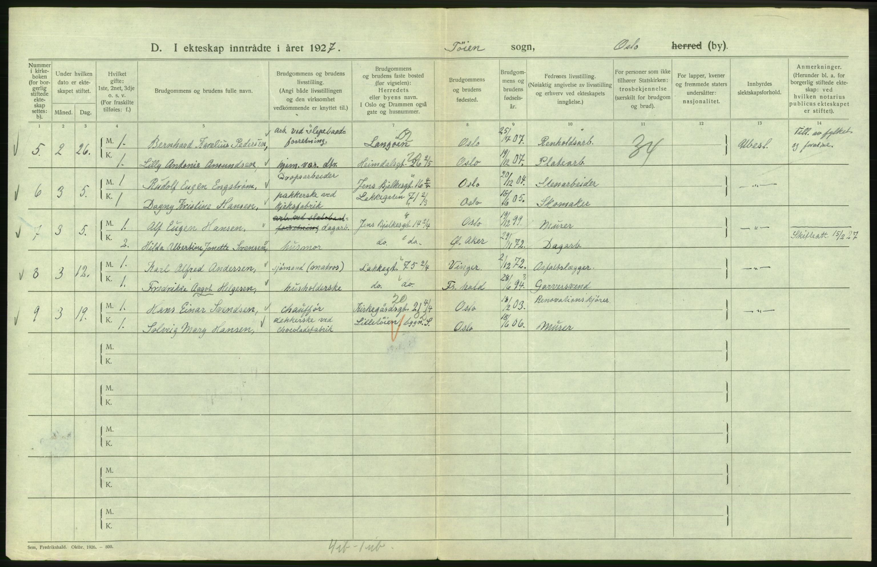 Statistisk sentralbyrå, Sosiodemografiske emner, Befolkning, AV/RA-S-2228/D/Df/Dfc/Dfcg/L0008: Oslo: Gifte, 1927, s. 700