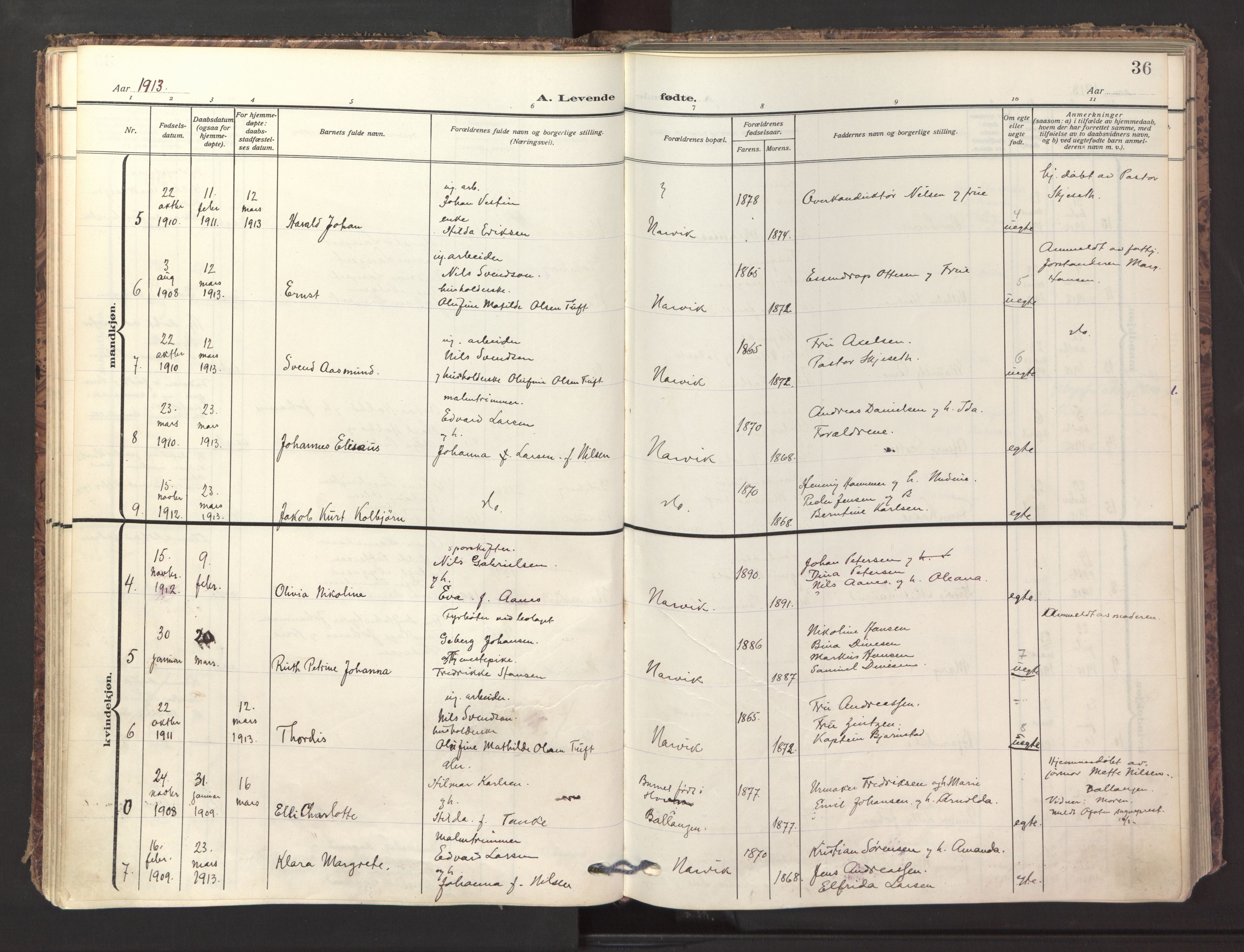 Ministerialprotokoller, klokkerbøker og fødselsregistre - Nordland, AV/SAT-A-1459/871/L1001: Ministerialbok nr. 871A17, 1911-1921, s. 36