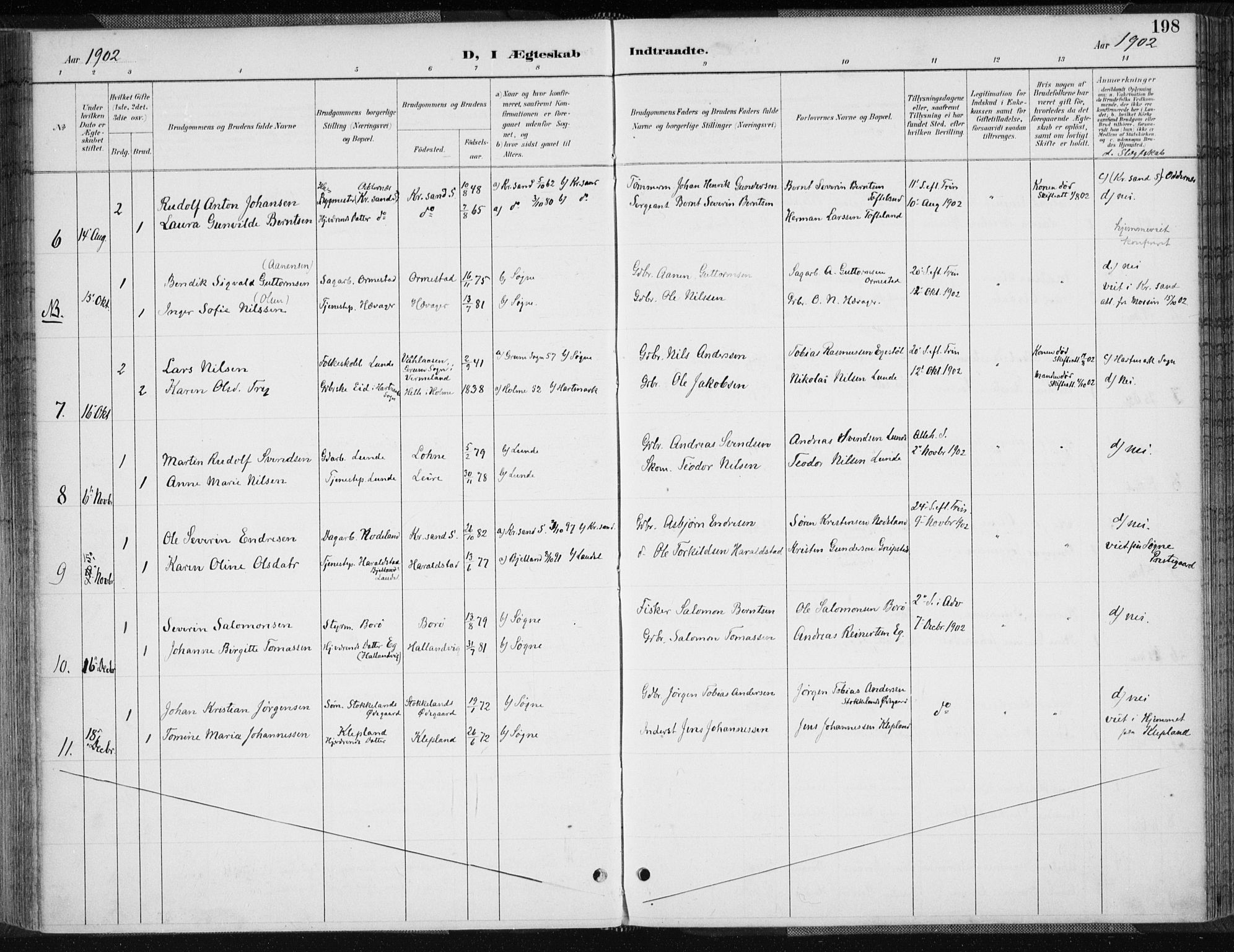 Søgne sokneprestkontor, AV/SAK-1111-0037/F/Fa/Fab/L0013: Ministerialbok nr. A 13, 1892-1911, s. 198