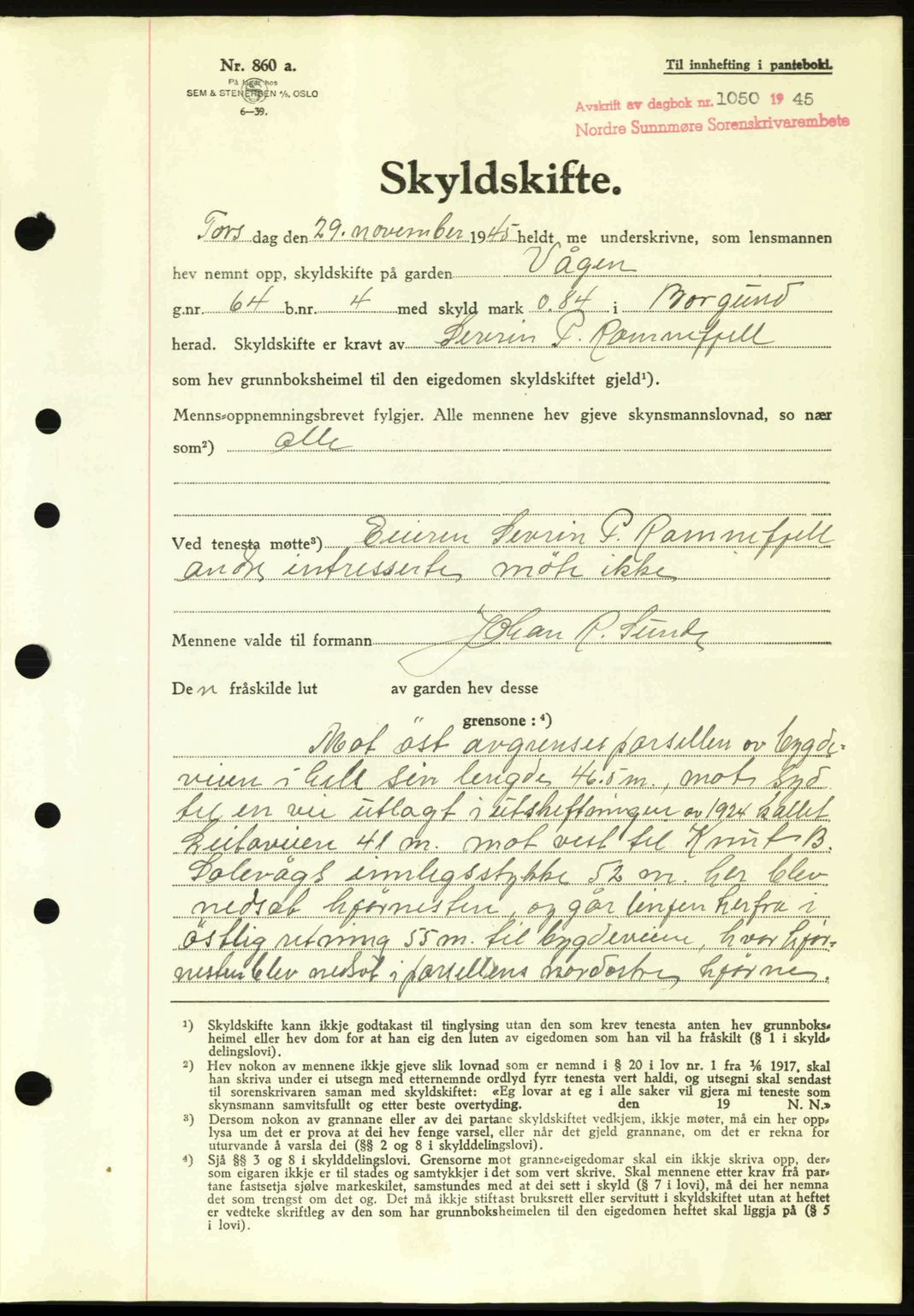 Nordre Sunnmøre sorenskriveri, AV/SAT-A-0006/1/2/2C/2Ca: Pantebok nr. A20a, 1945-1945, Dagboknr: 1050/1945