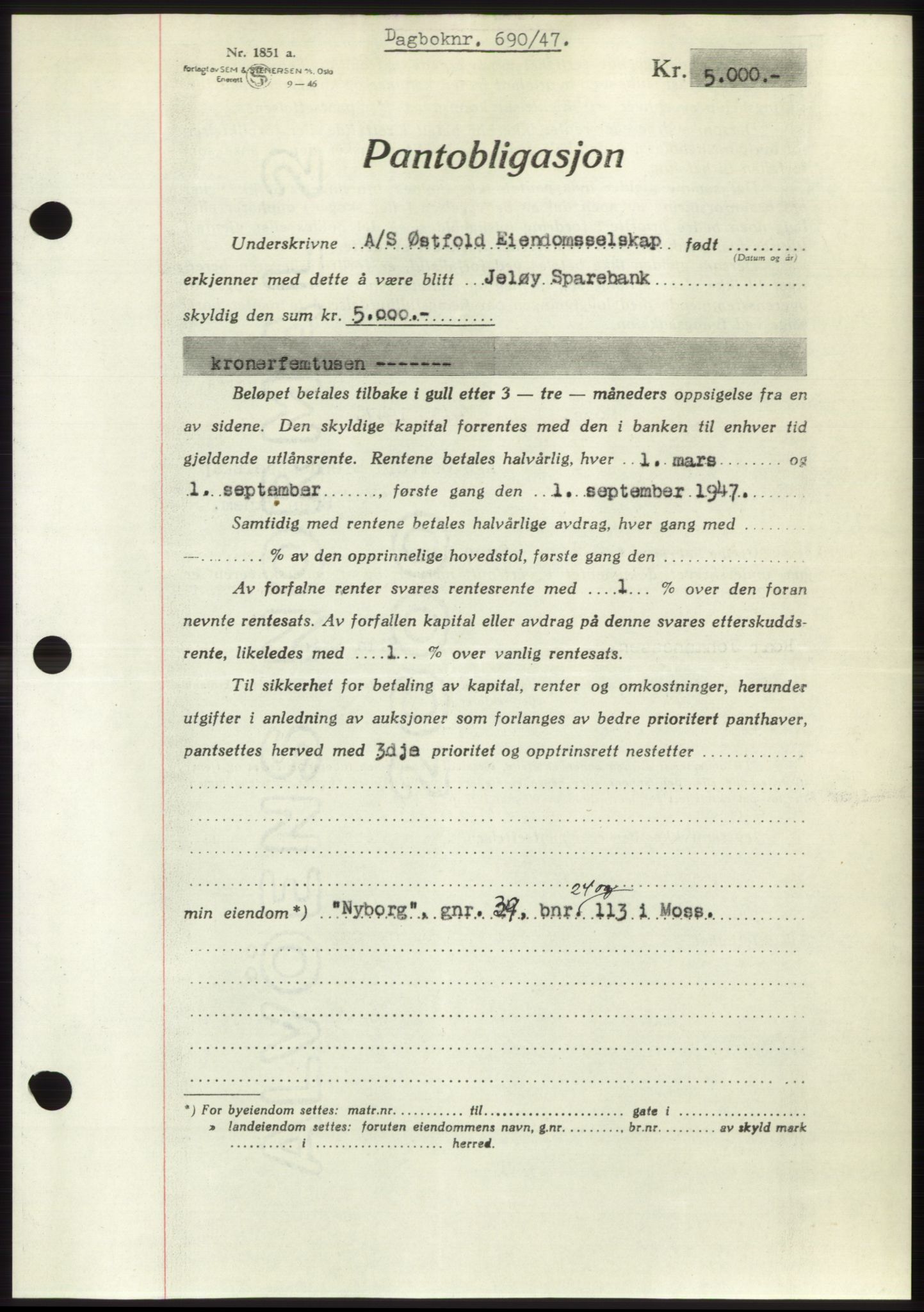 Moss sorenskriveri, SAO/A-10168: Pantebok nr. B16, 1946-1947, Dagboknr: 690/1947