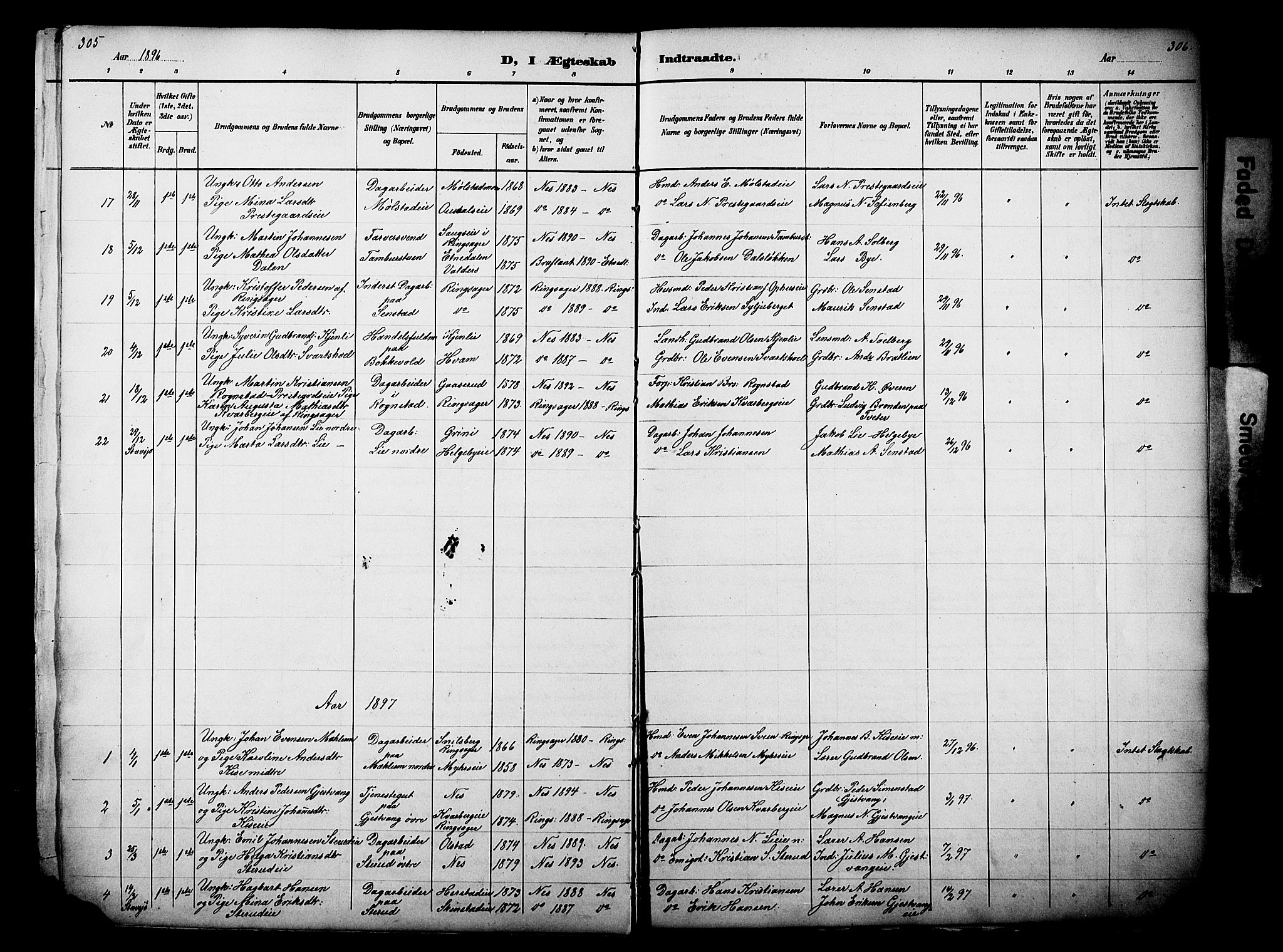 Nes prestekontor, Hedmark, AV/SAH-PREST-020/L/La/L0006: Klokkerbok nr. 6, 1890-1932, s. 305-306