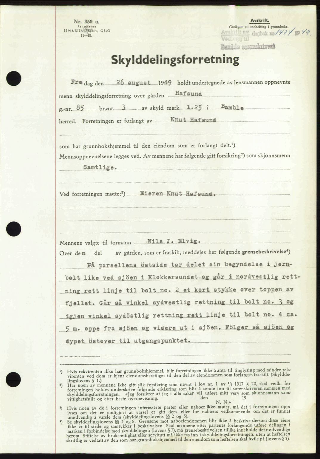 Bamble sorenskriveri, SAKO/A-214/G/Ga/Gag/L0015: Pantebok nr. A-15, 1949-1949, Dagboknr: 1474/1949